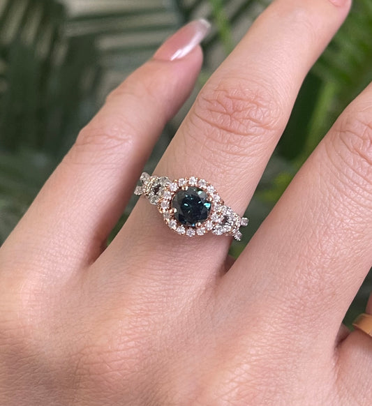 1.08ct Natural Teal Blue Diamond & 0.78ct White Diamond Ring In 14ct White & Rose Gold