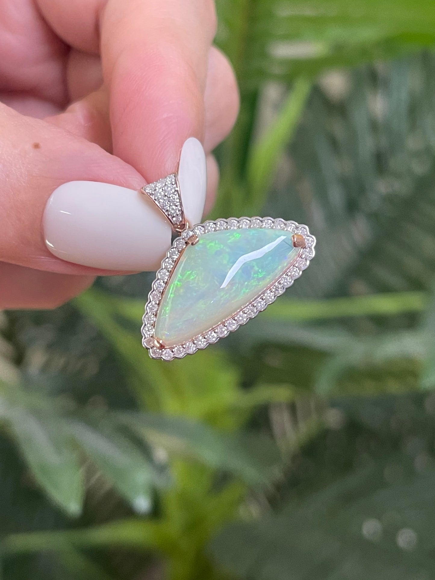 5.45ct Natural Solid Australian Crystal Opal & Diamond Pendant In 14ct Rose Gold