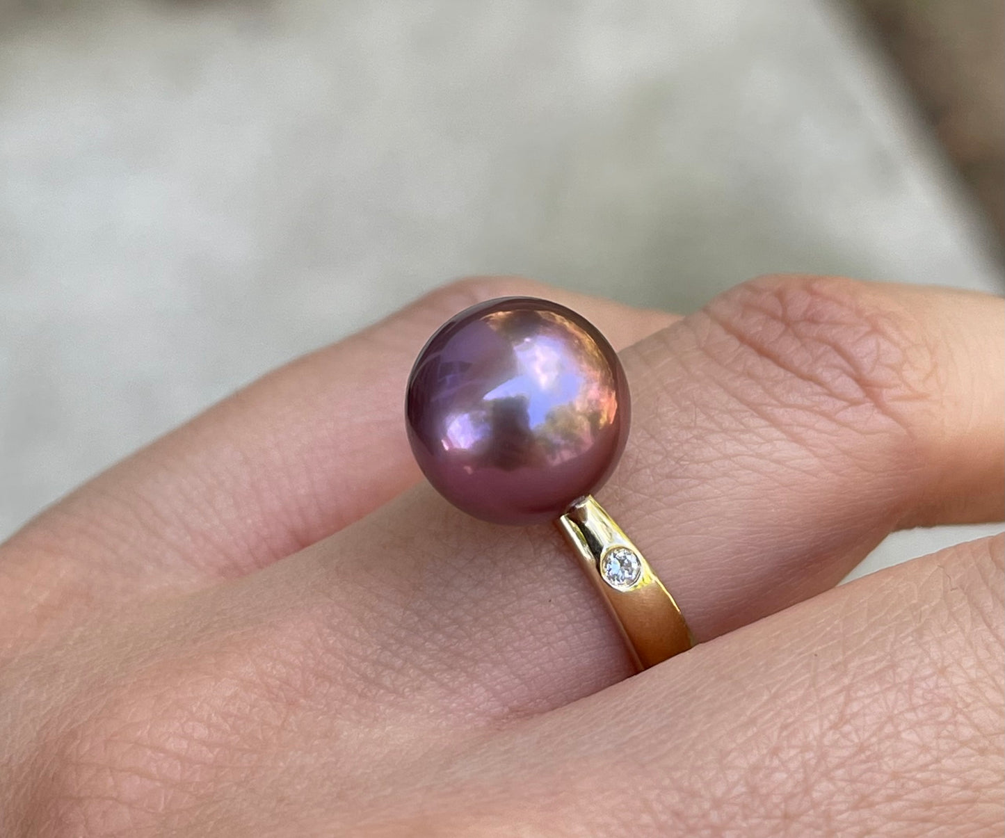 Lavender Edison Pearl & Diamond Ring in 9ct Yellow Gold