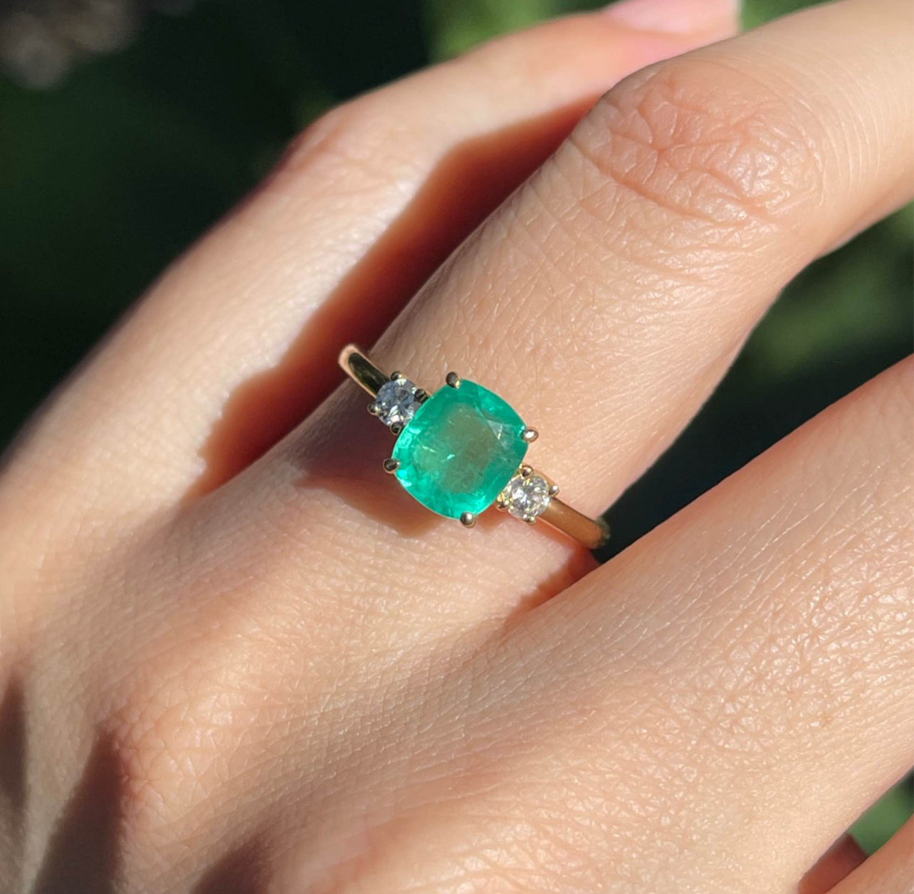 9ct yellow gold 1.5ct natural emerald with diamond 3 stone trilogy ring