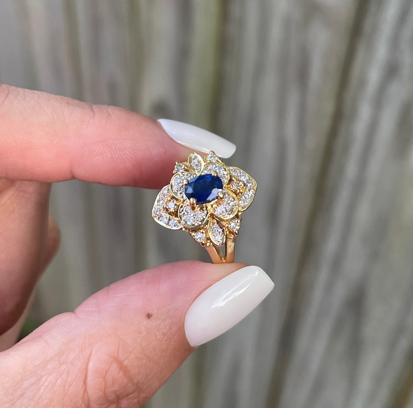 Sapphire Diamond Flower Ring In 18ct Yellow Gold