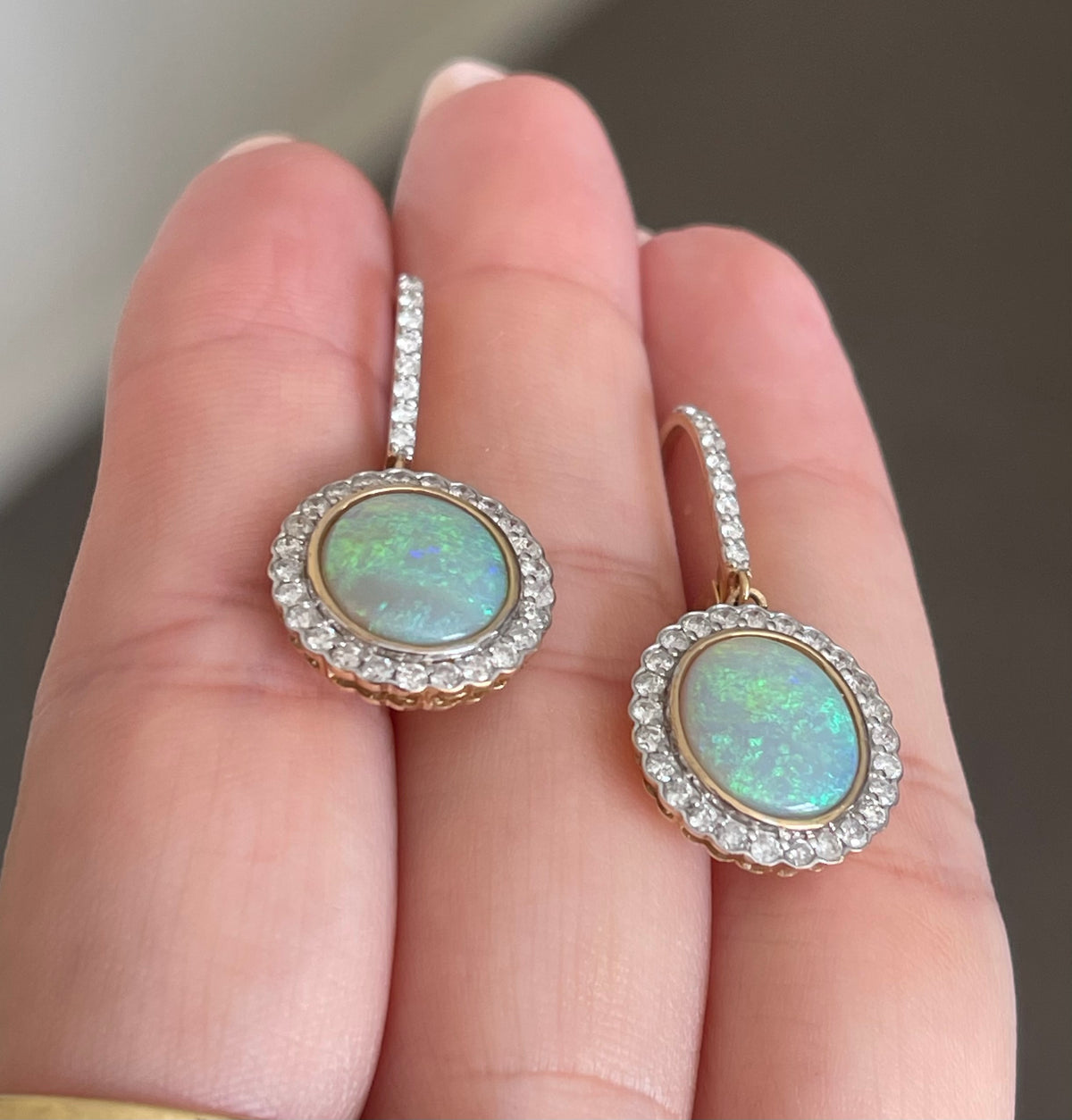 Natural Solid Coober Pedy Opal Diamond Drop Earrings In 14ct Yellow Gold