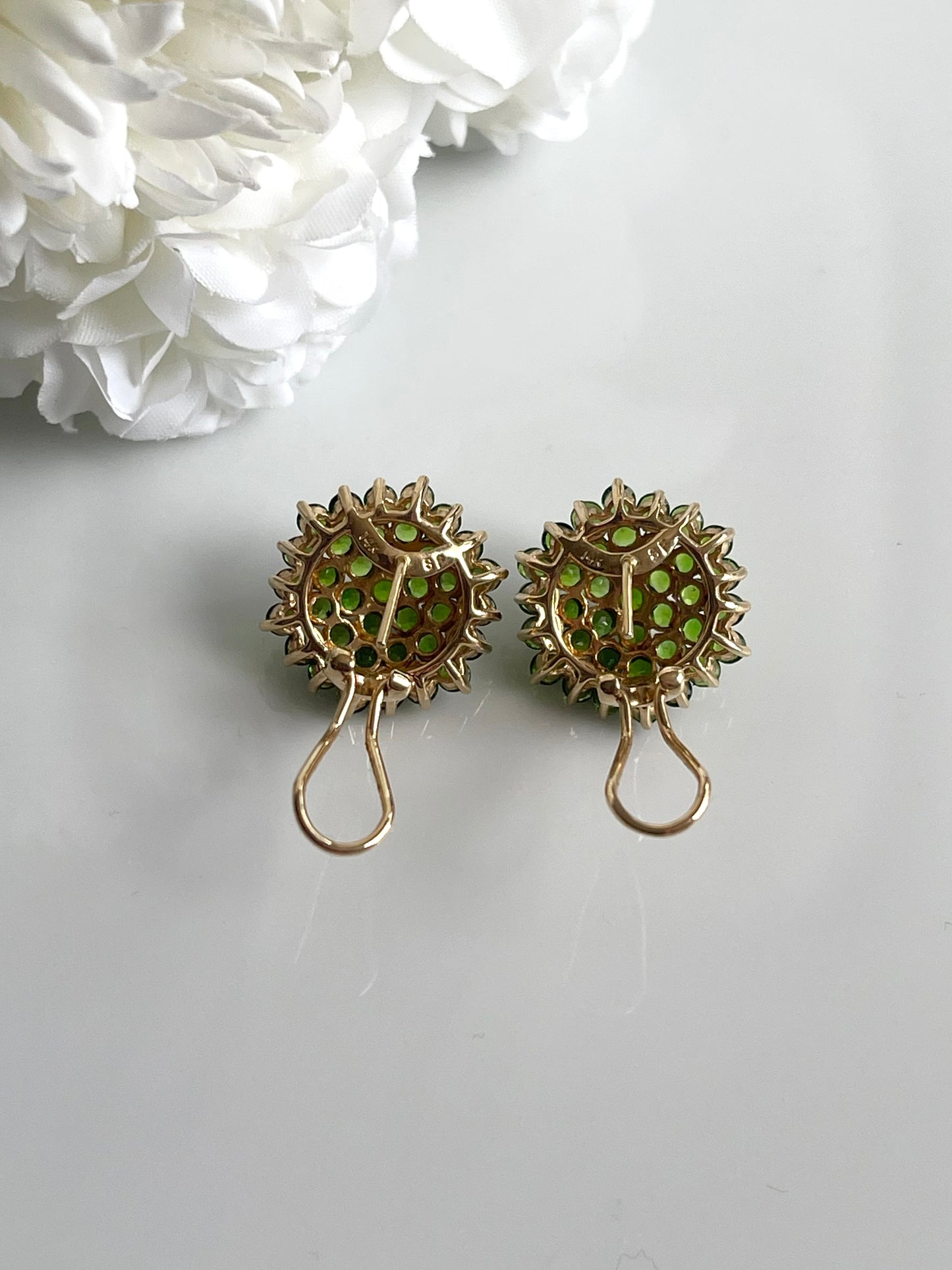 Vintage Rare Tsavorite (green garnet) Cluster Flower Earrings In 14ct Yellow Gold