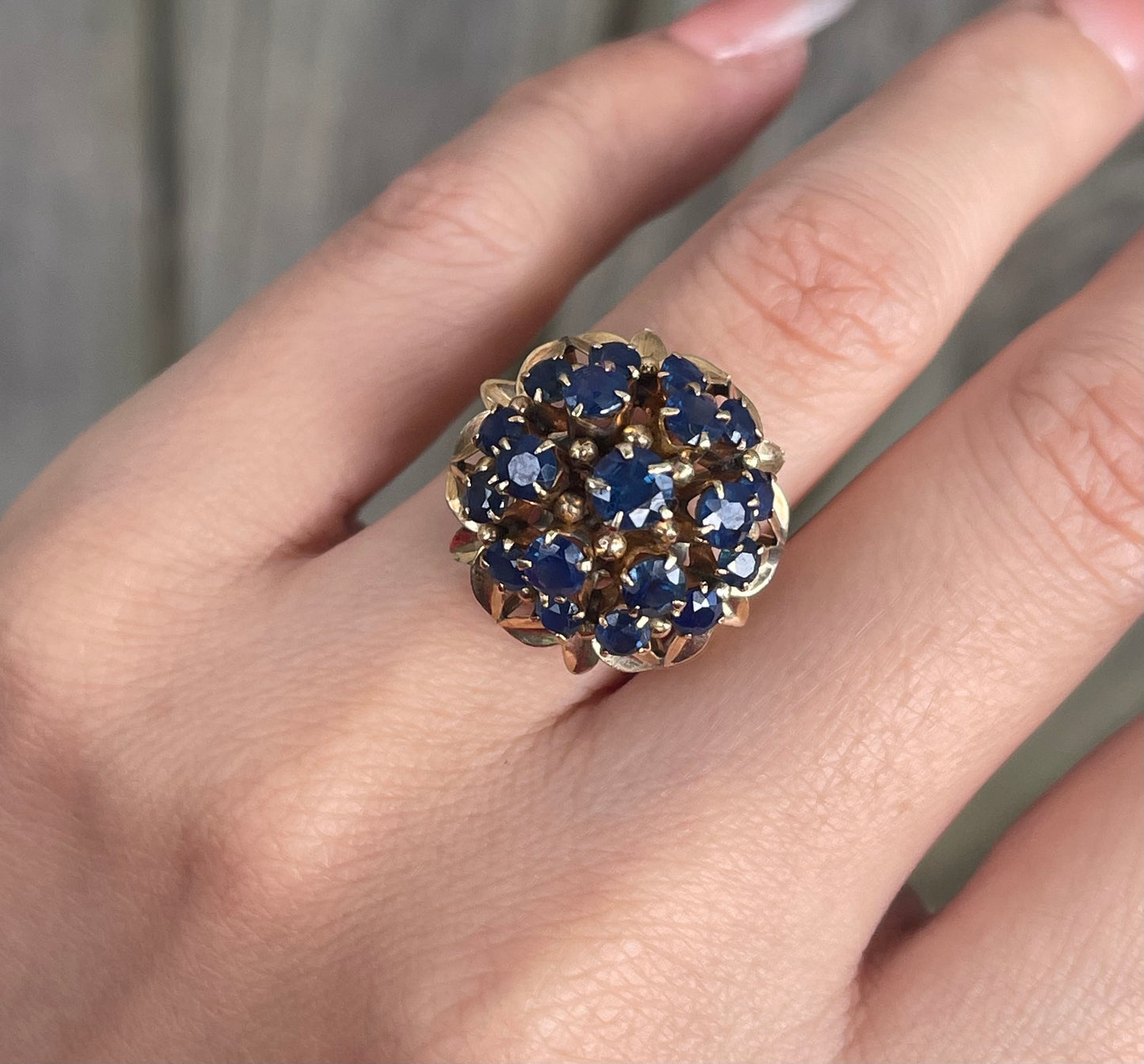 Vintage Triple Halo Natural Blue Sapphire Cluster Ring in 10ct Yellow Gold