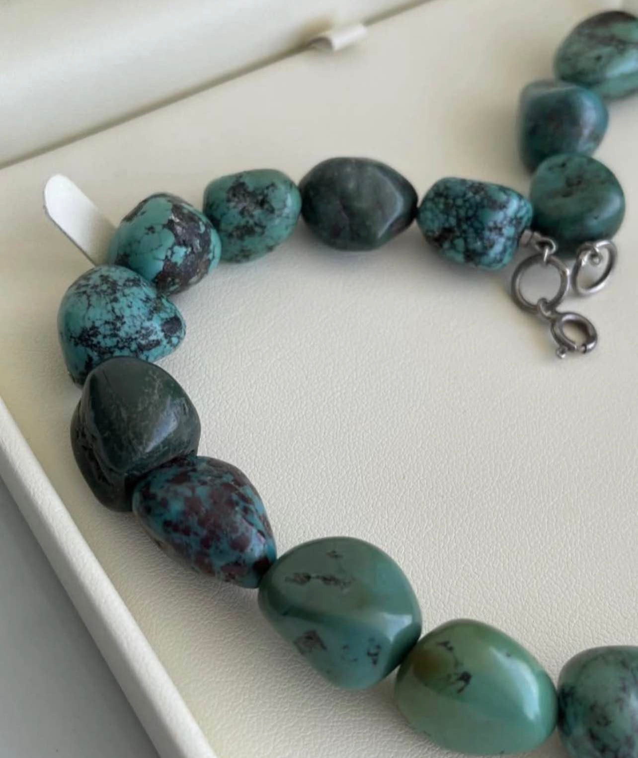 Vintage Large Turquoise Bead Necklace In 925 Sterling Silver Clasp