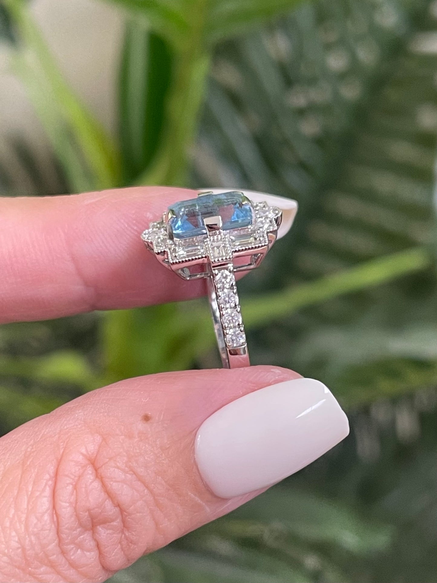 Art Deco Style 1.96ct Natural Aquamarine & Diamond Ring In 14ct White Gold