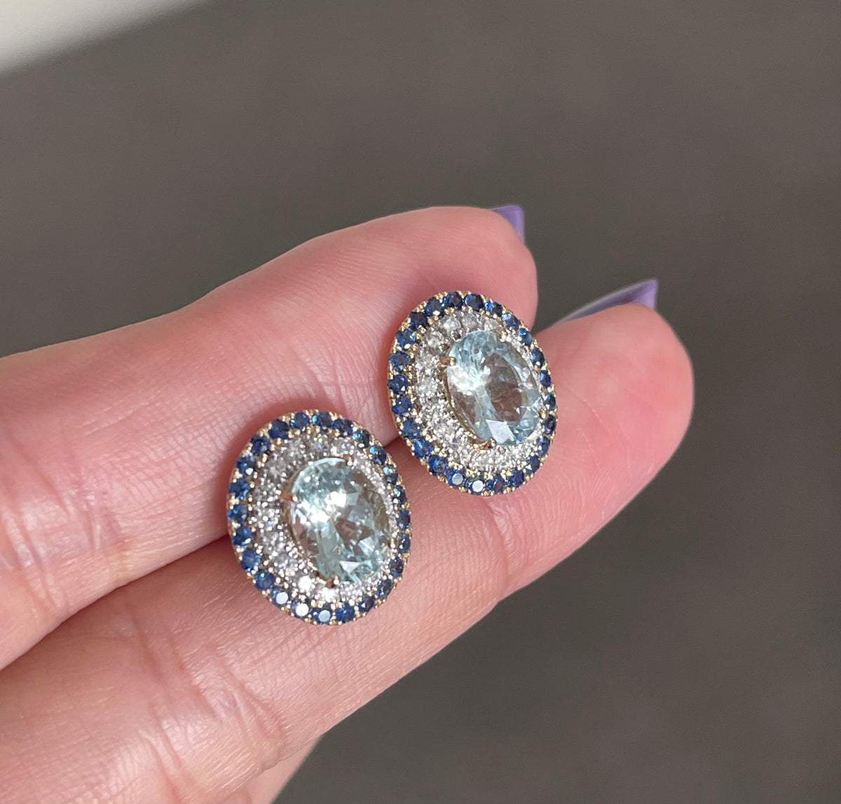 Timeless Natural Aquamarine Blue Sapphire Diamond Halo Earring In 14ct Yellow Gold