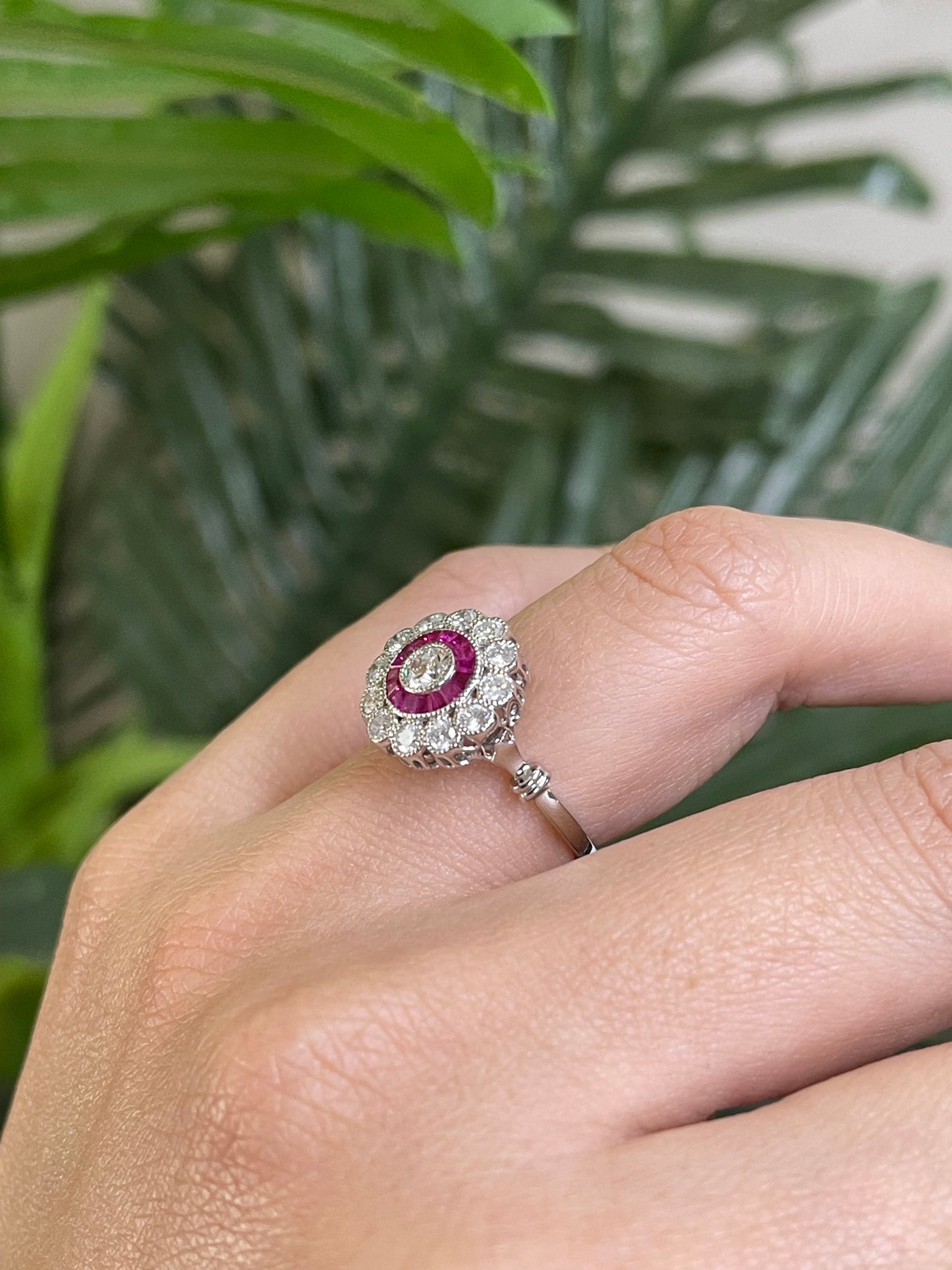 Art Deco Inspired Old Cut Damond & Ruby Ring In 14ct White Gold