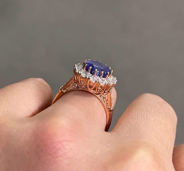 Classic Natural Tanzanite Diamond Halo Ring In 14ct Rose Gold
