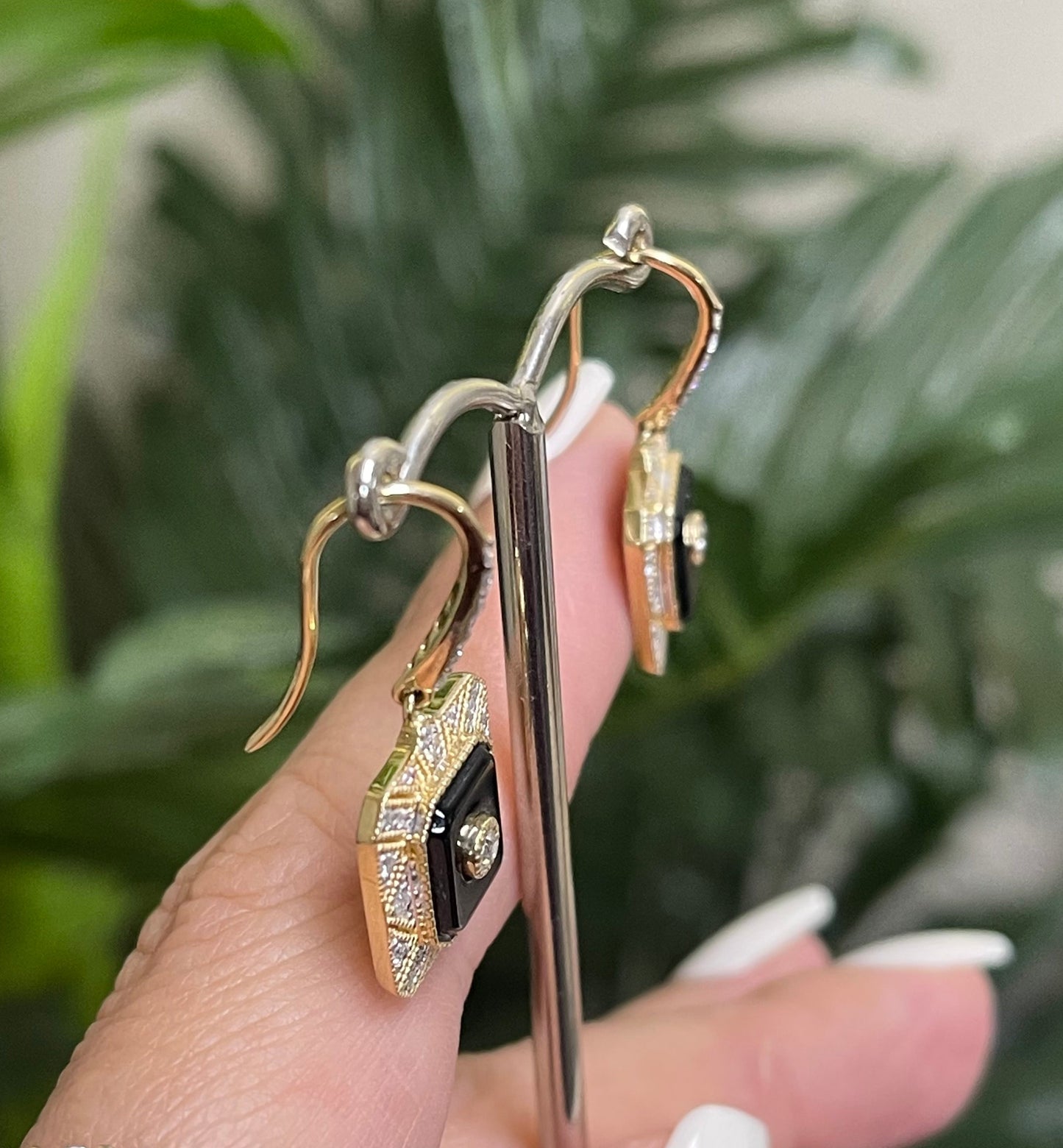 Art Deco Inspired Onyx & Natural Diamond Earrings In 14ct Yellow Gold