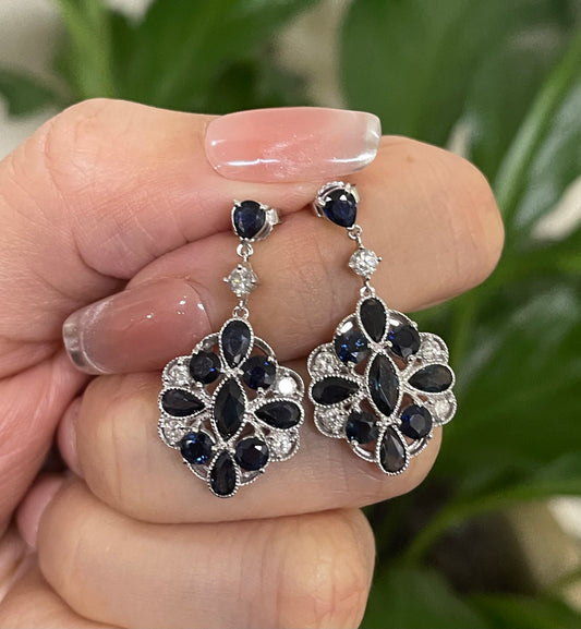 Art Deco Style 4.07ct Natural Sapphire & Diamond Drop Earrings In 14ct White Gold