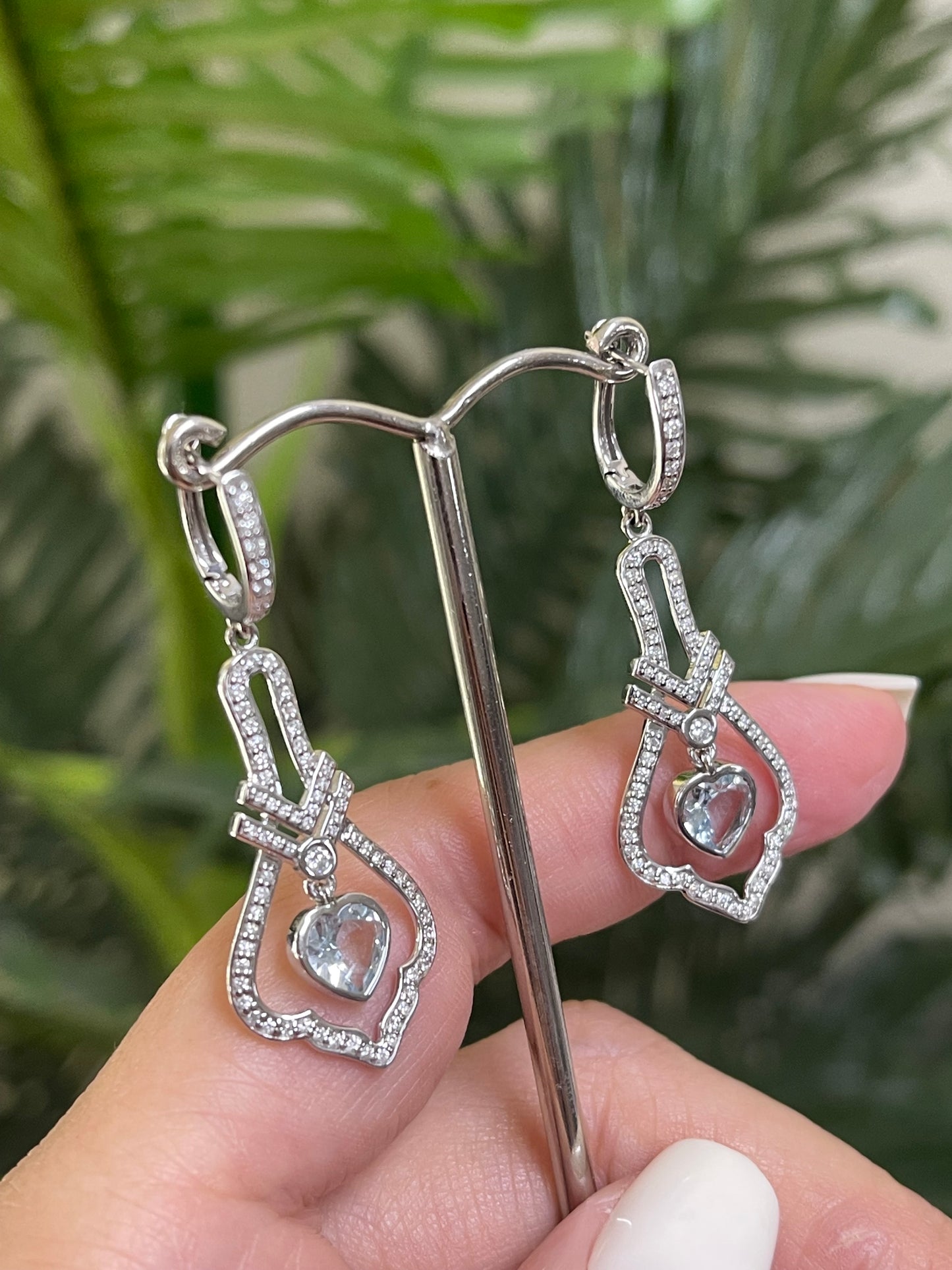 Art Deco Style Natural Aquamarine & Diamond Earrings In 14ct White Gold