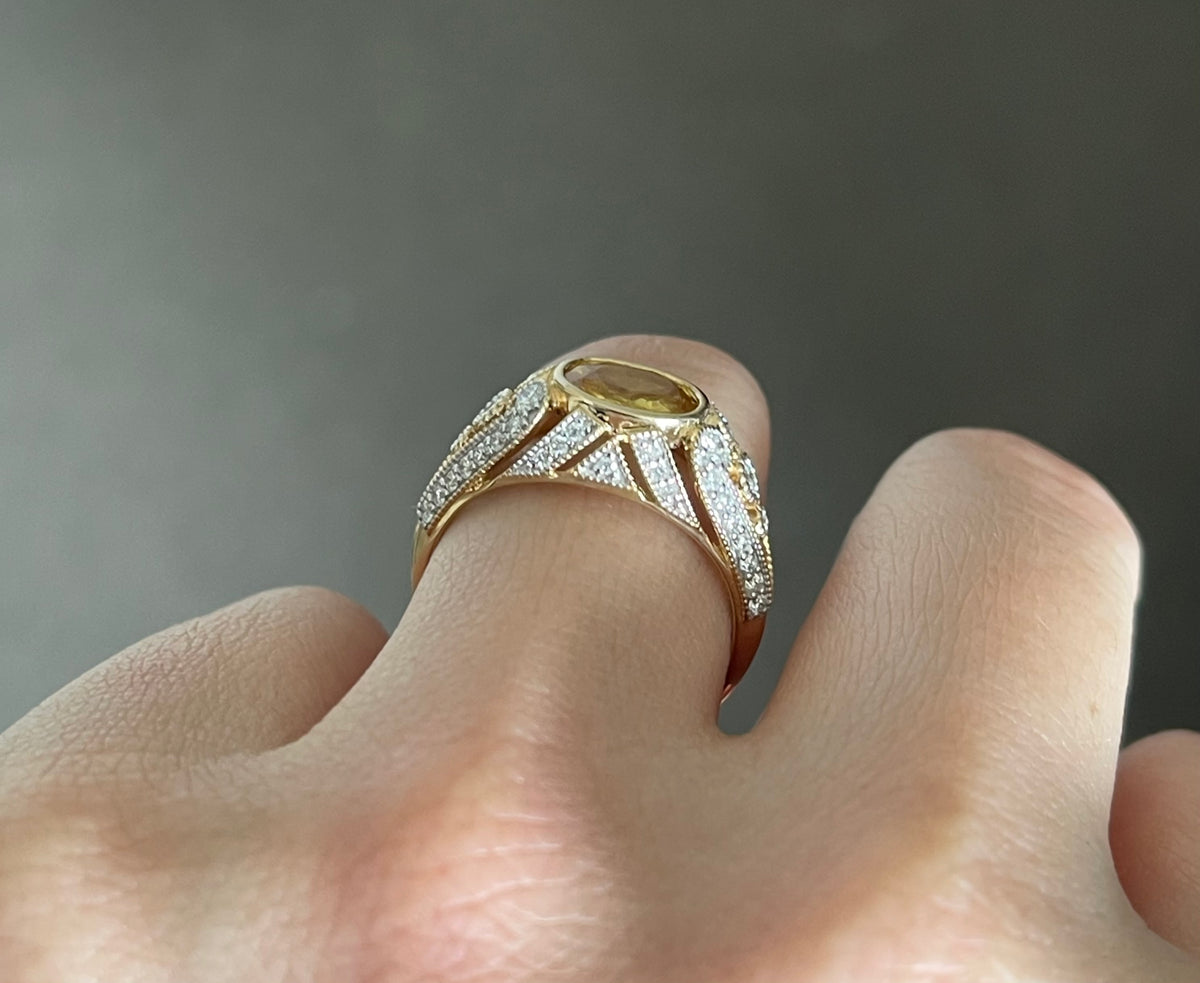 Art Deco Inspired Natural Yellow Sapphire Diamond Ring In 14ct Yellow Gold