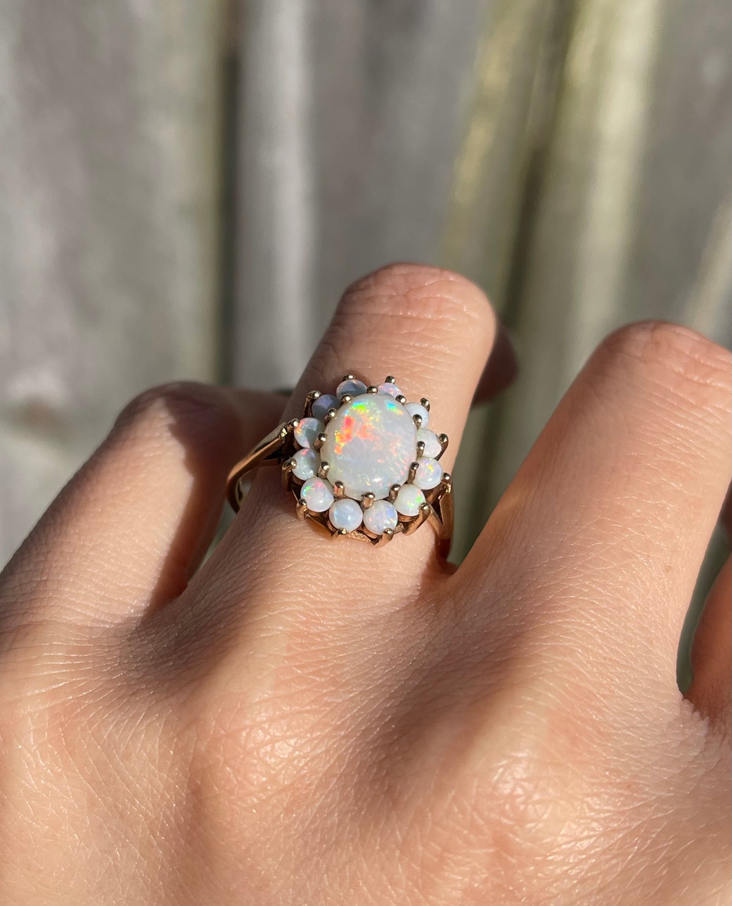 Vintage 1971 UK OriginNatural Solid Opal Cluster Ring In 9ct Yellow Gold