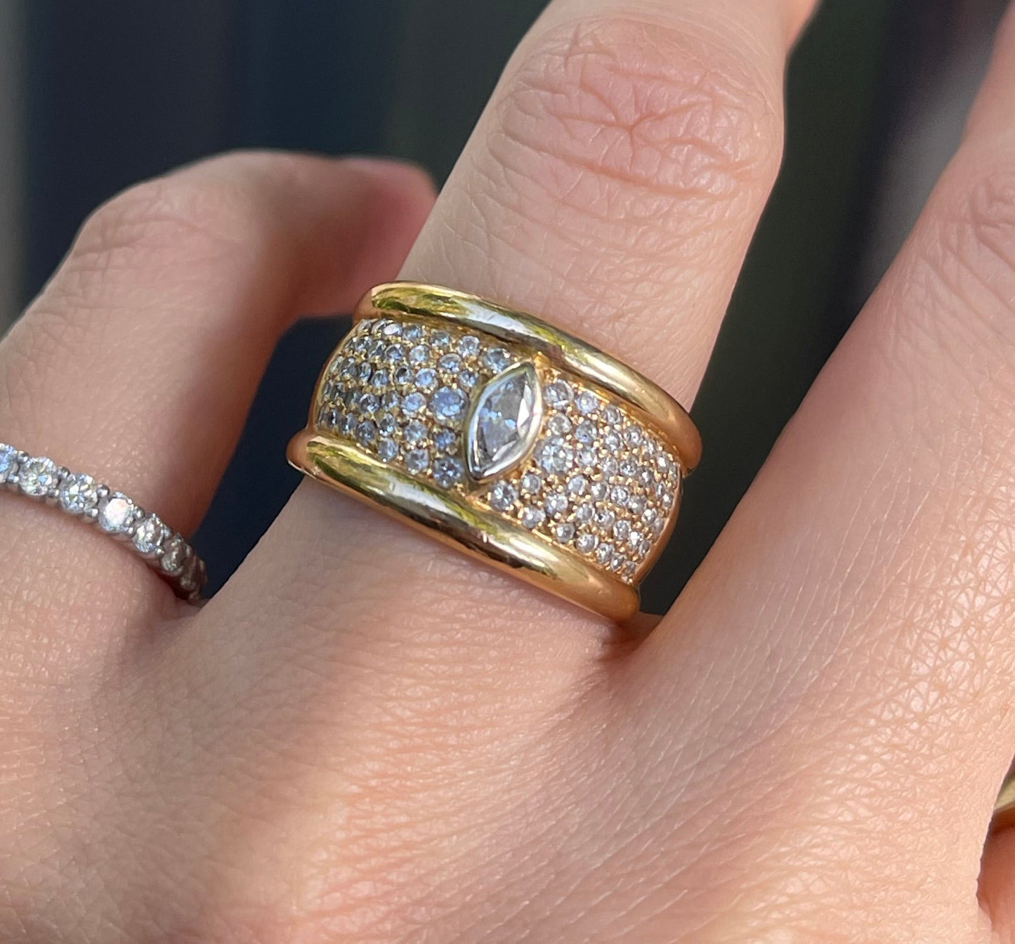 Vintage Natural Diamond Wide Tapered Band Ring in Heavy 18ct Yellow Gold
