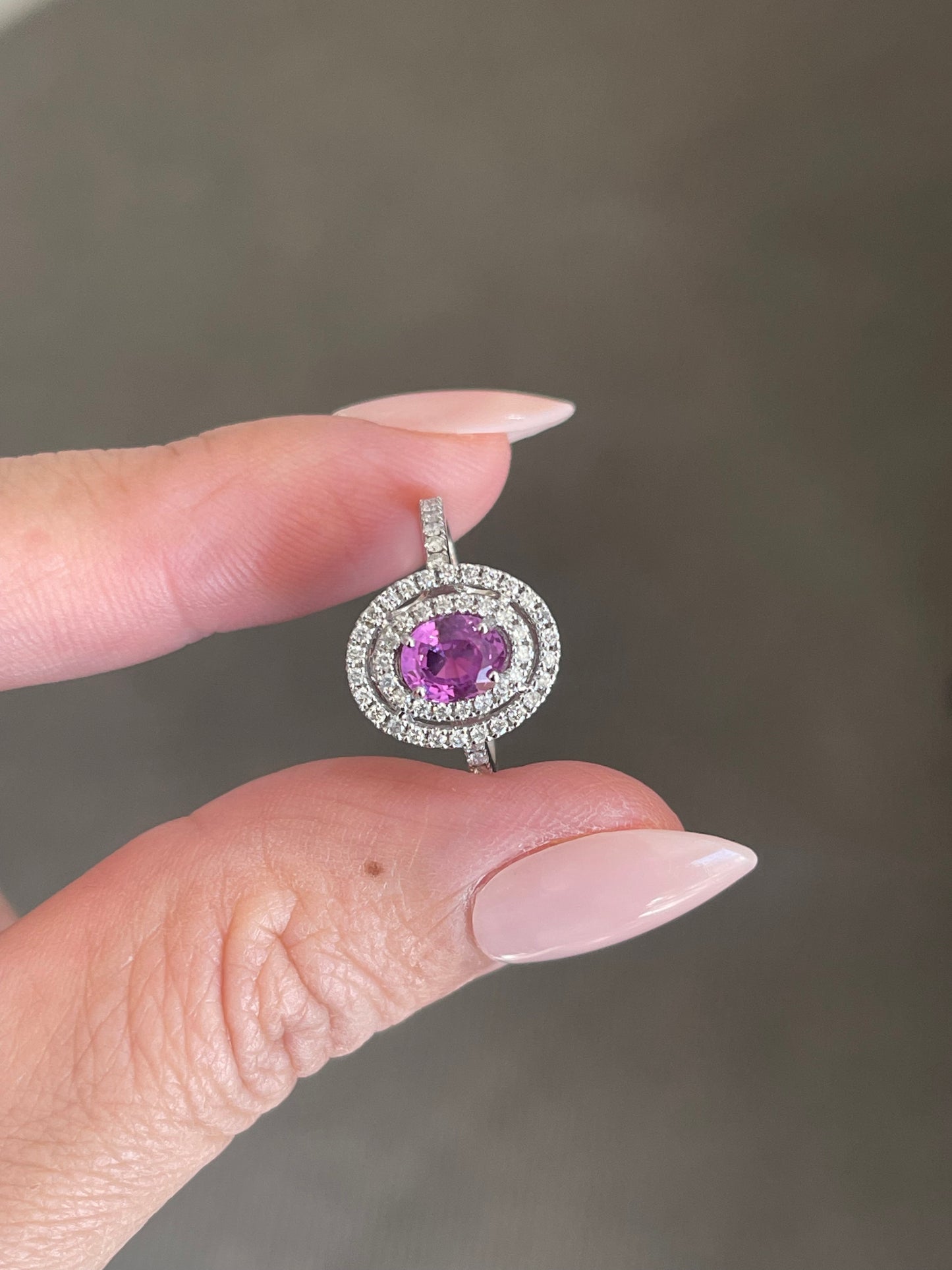 Natural Pink Sapphire Diamond Double Halo Ring In 14ct White Gold