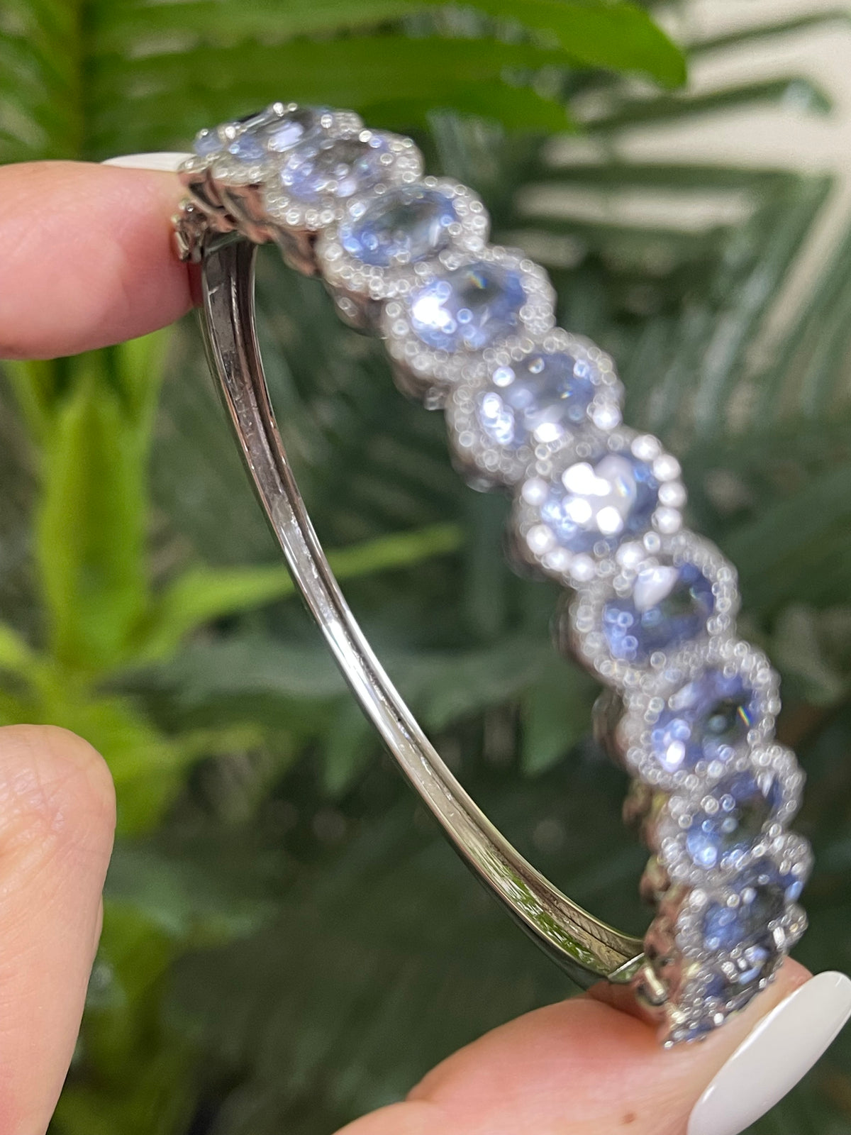 12.40ct Natural Ceylon Sapphire & 2.17ct Diamond Halo Bangle In 18ct White Gold