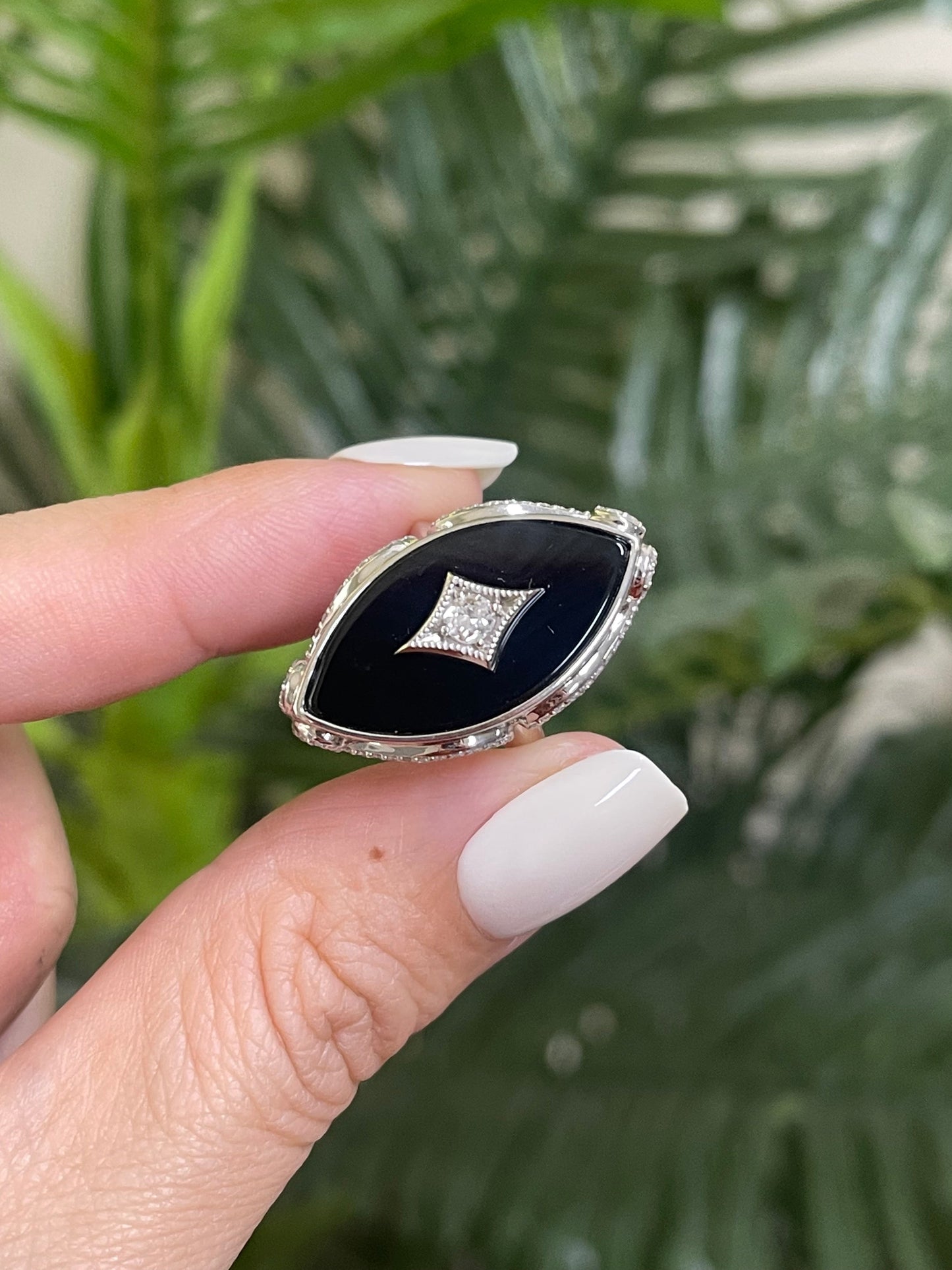 Art Deco Onyx & Diamond Cocktail Ring In 14ct White Gold
