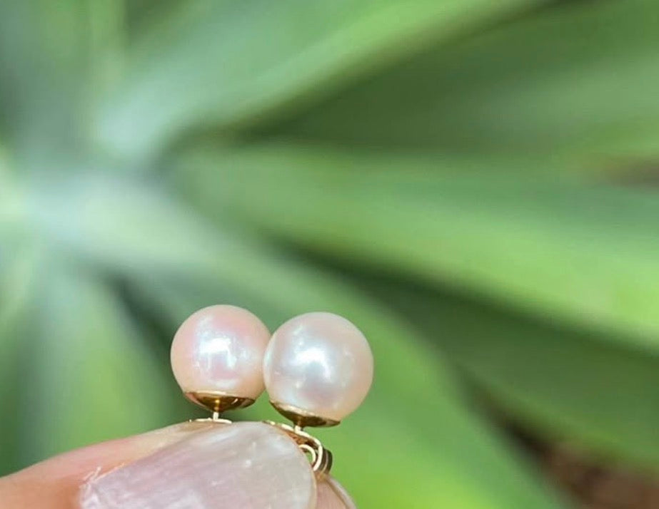 Vintage 14ct yellow gold genuine pink akoya pearl stud earrings