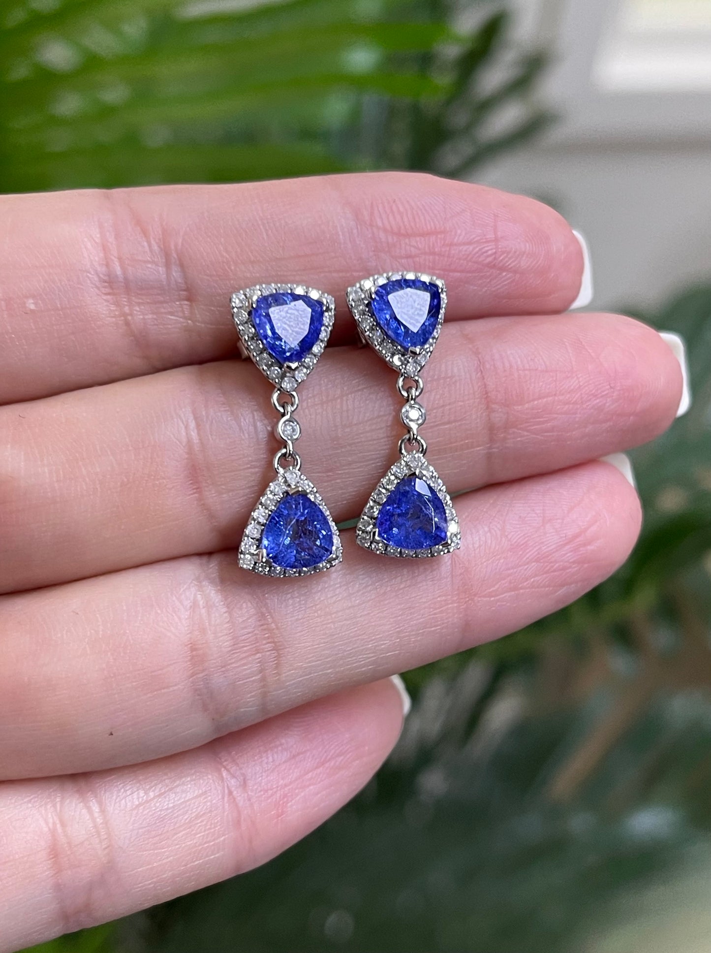 Stunning Tanzanite Diamond Drop Earrings In 14ct White Gold