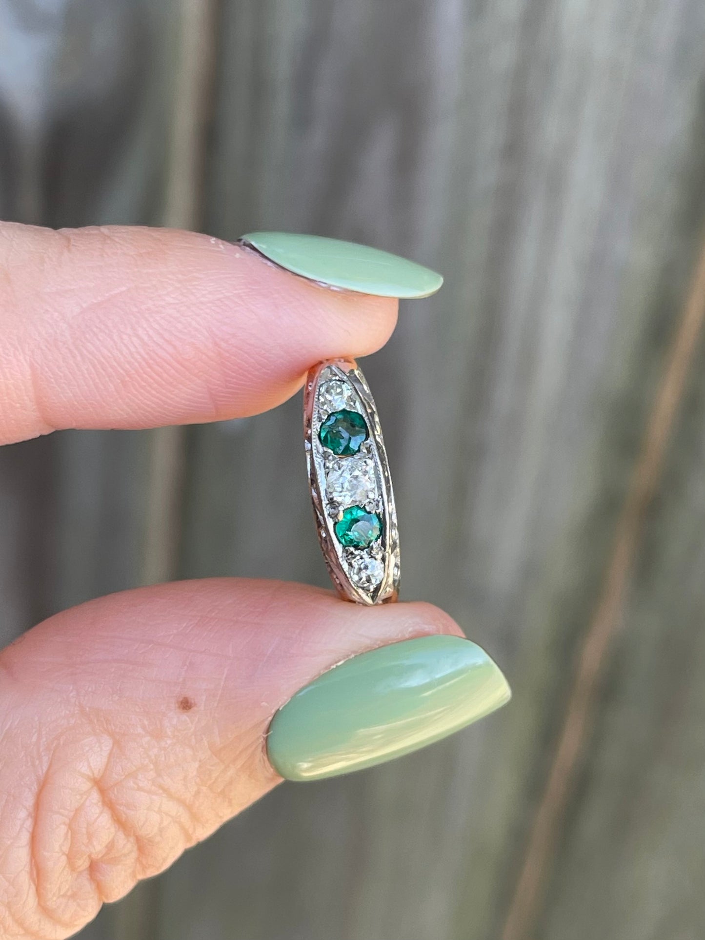 UK Antique Natural Emerald & Old Cut Diamond Ring In 18ct Yellow Gold