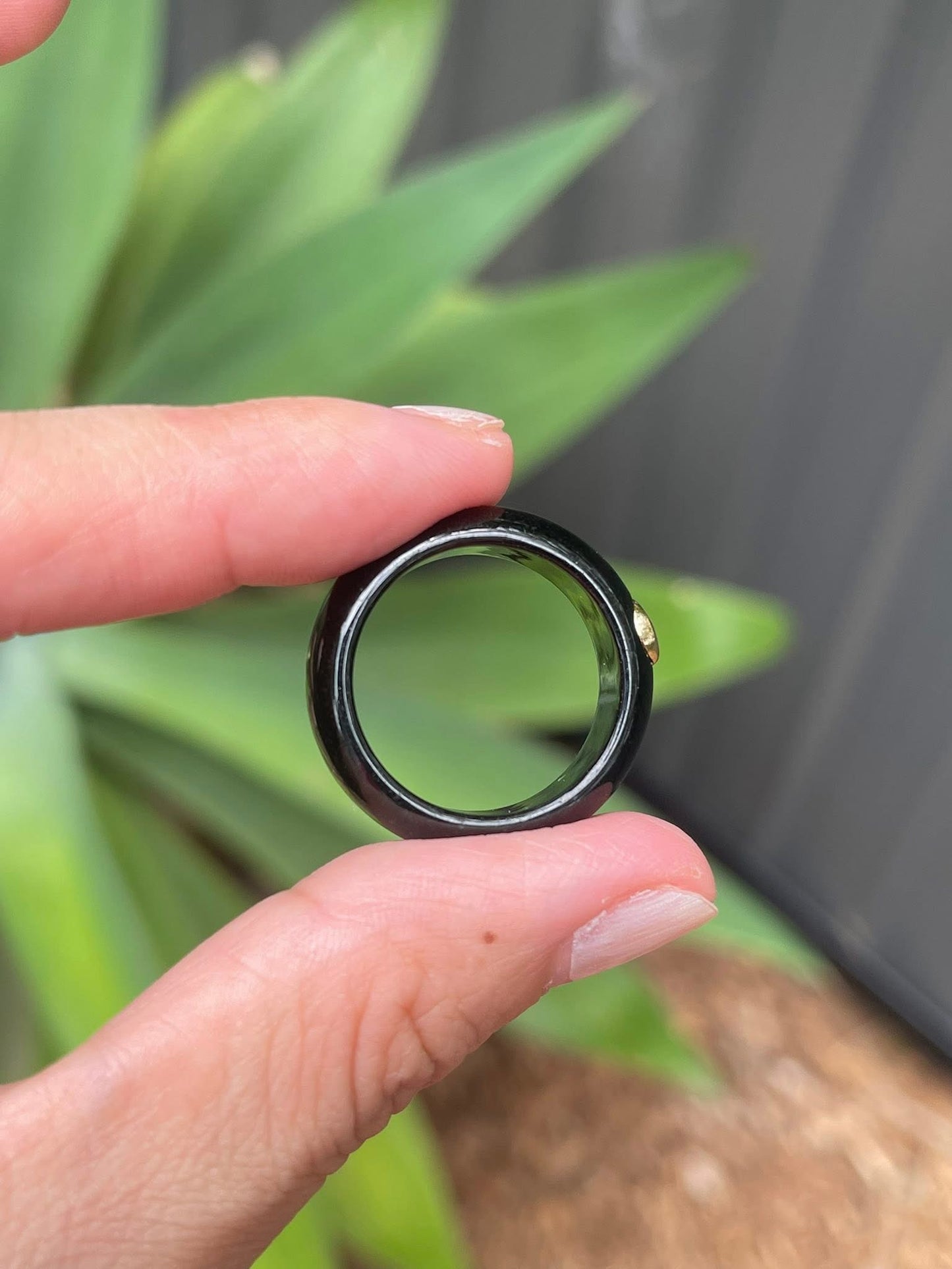 Natural black jade ring with earthy red garnet in 9ct yellow gold