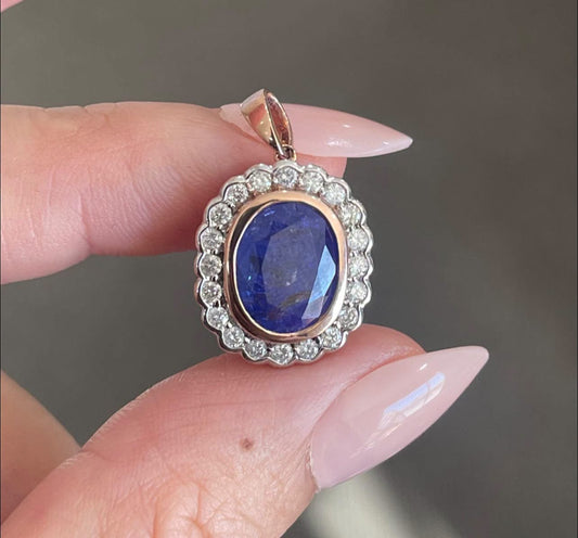 4.83ct Natural Tanzanite Diamond Halo Pendant In 14ct Rose Gold