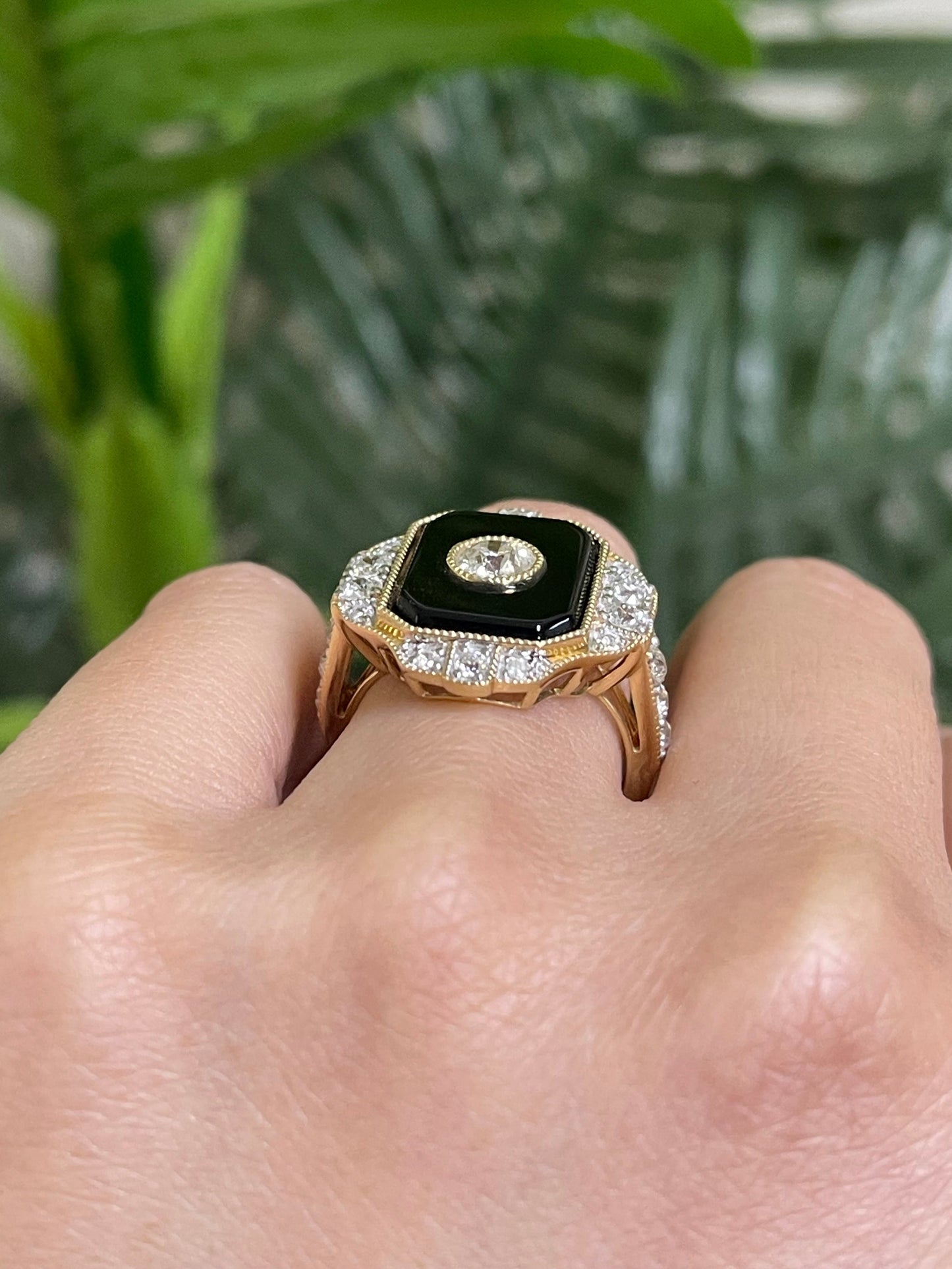 Art Deco Inspired Black Onyx Natural 1.52ct Old Cut Diamond Ring In 14ct Yellow Gold