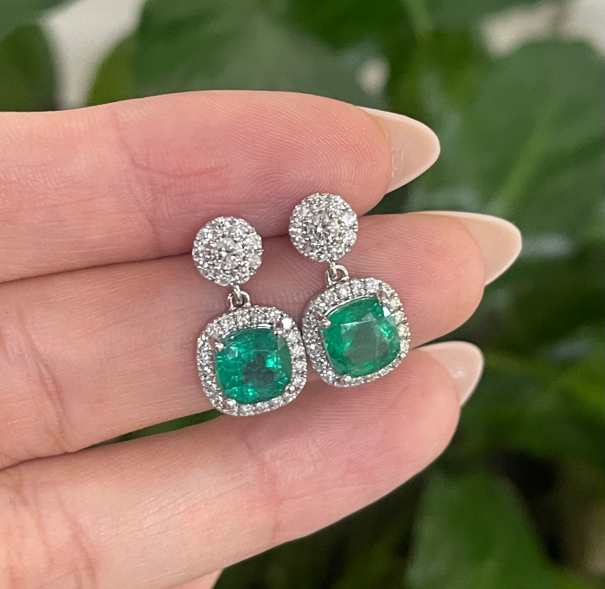 3.02ct Natural Emerald Diamond Drop Earrings In 14ct White Gold