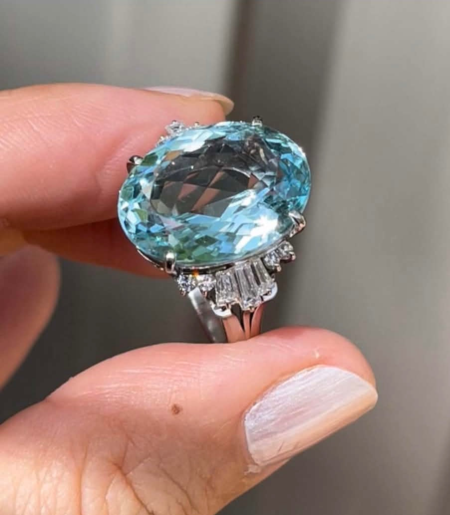 Handmade 12.16ct Natural Aquamarine Diamond Ring In Heavy 900 Platinum