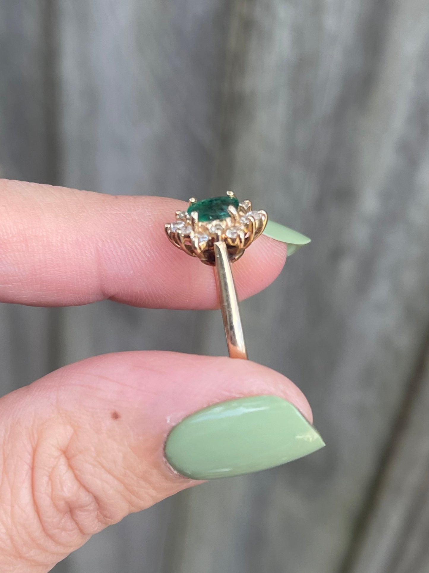 Vintage Natural Emerald Diamond Halo Ring in 14ct Yellow Gold