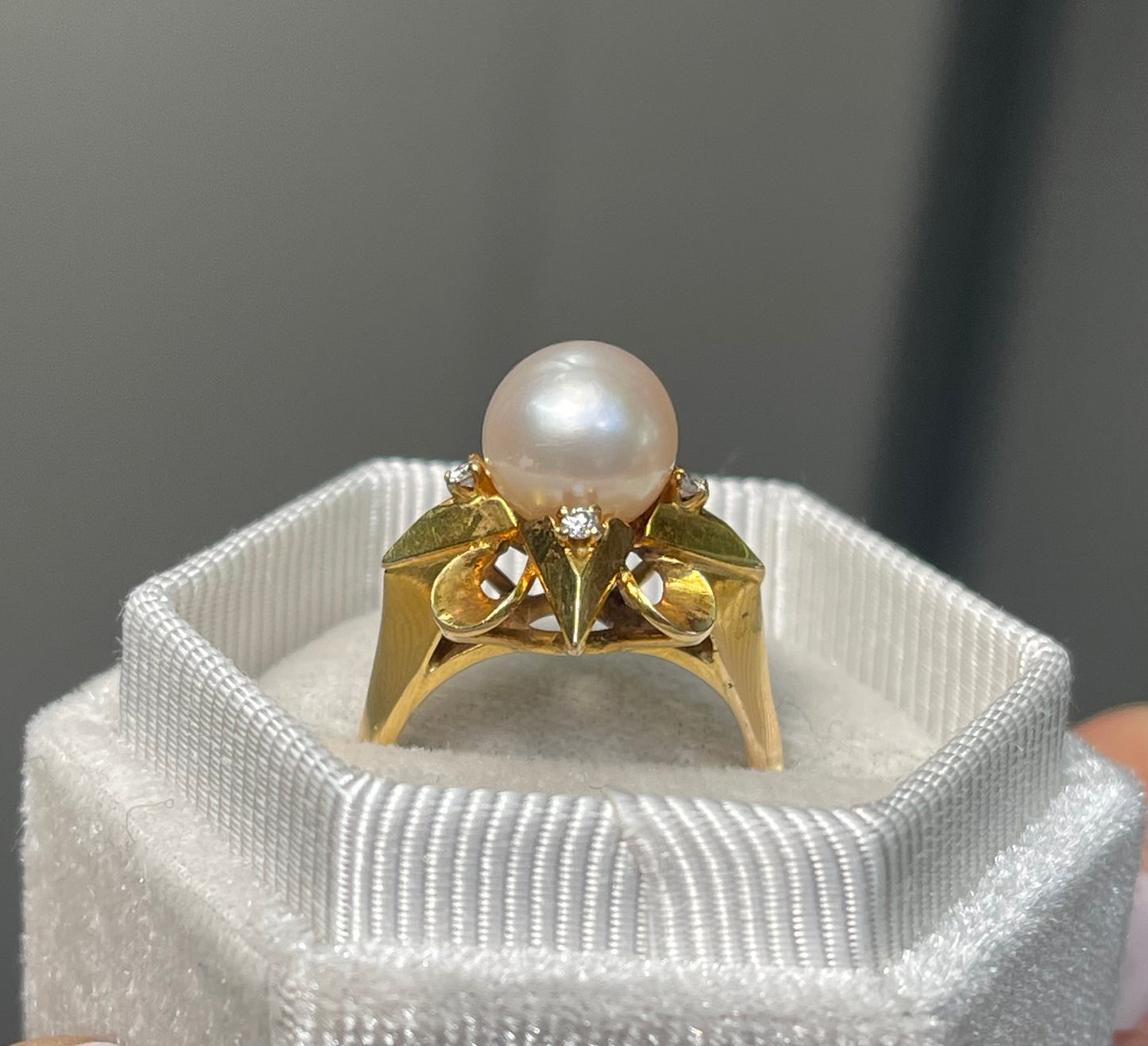 Vintage Pink Akoya Pearl & Diamond starburst ring in 18ct yellow gold