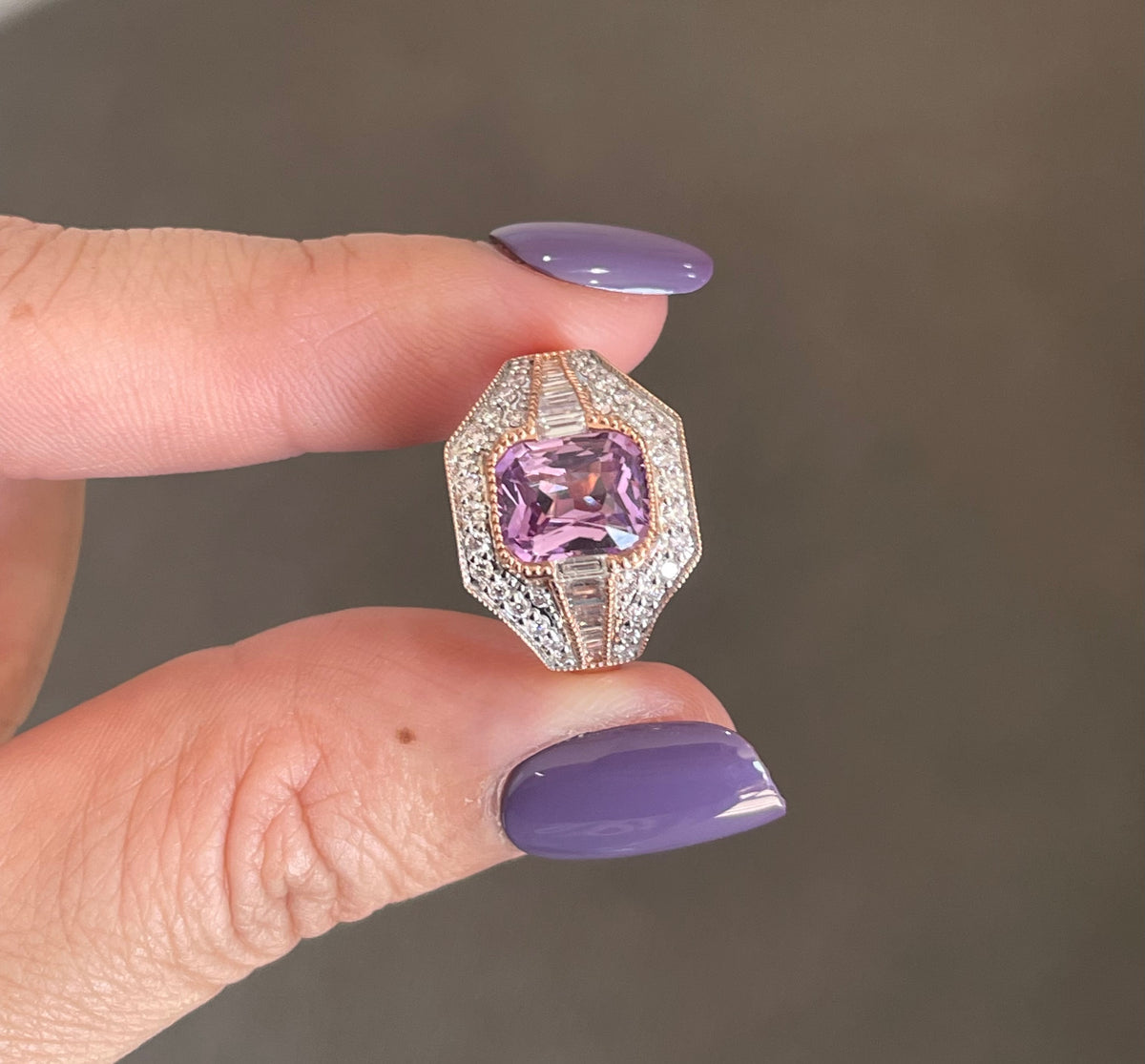 Art Deco Style Natural Pink Ceylon Sapphire Diamond Ring In 14ct Rose Gold