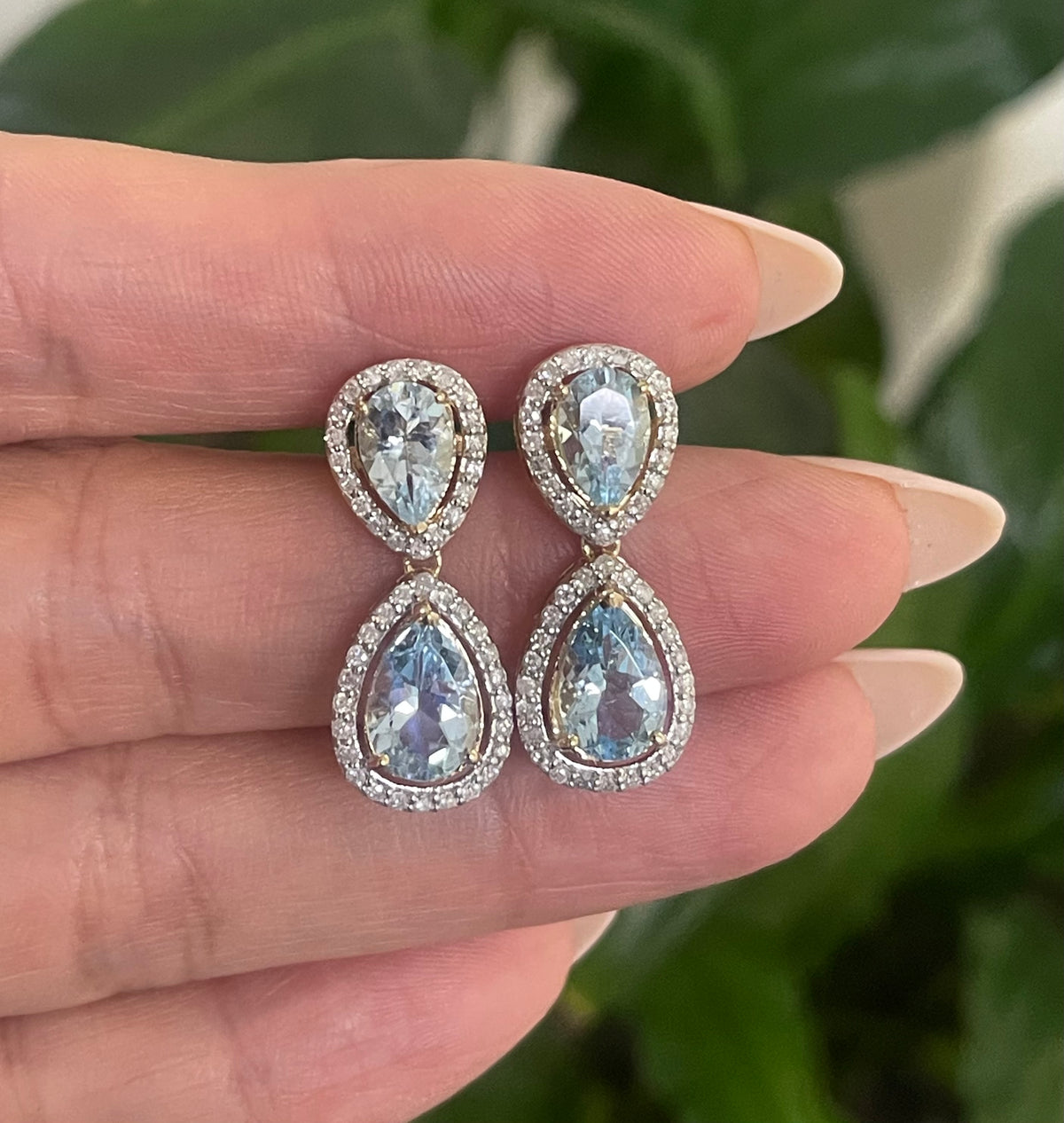3.74ct Natural Aquamarine Diamond Halo Drop Earrings In 14ct Yellow Gold