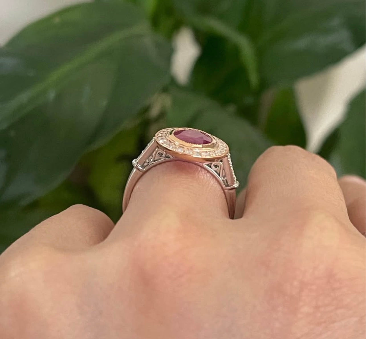 2.2ct Natural Ruby Diamond Halo Ring In 14ct White & Rose Gold