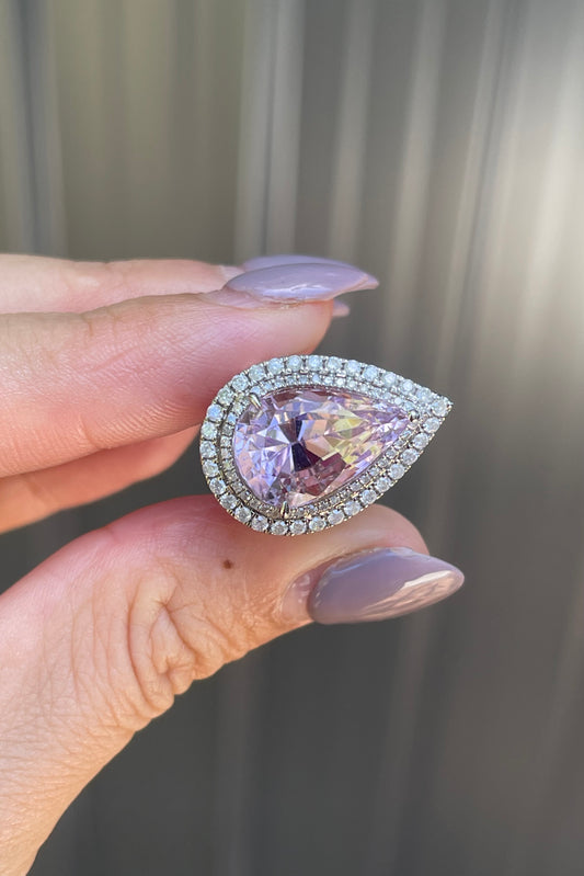 14ct white gold natural pear shaped Kunzite diamond halo ring