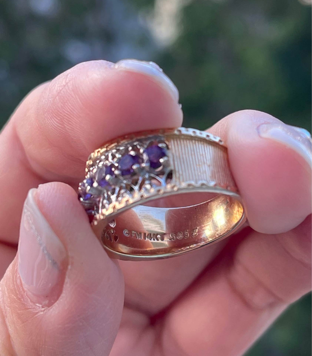 14ct Yellow White Gold Purple Amethyst Diamond Filigree Wide Band Ring