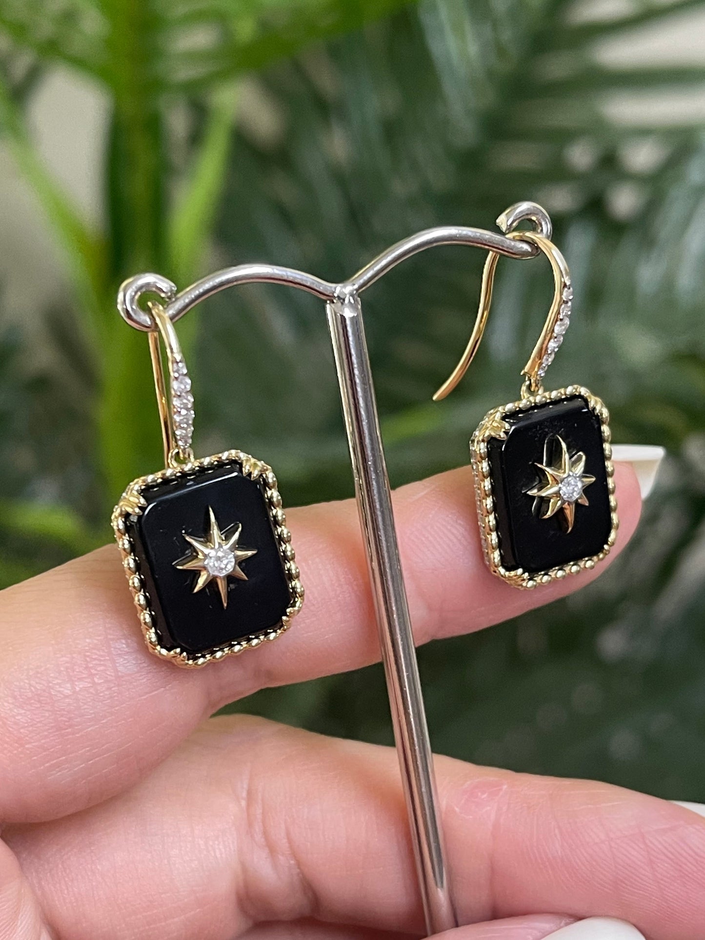 Onyx & Diamond Star Set Drop Earrings In 14ct Yellow Gold