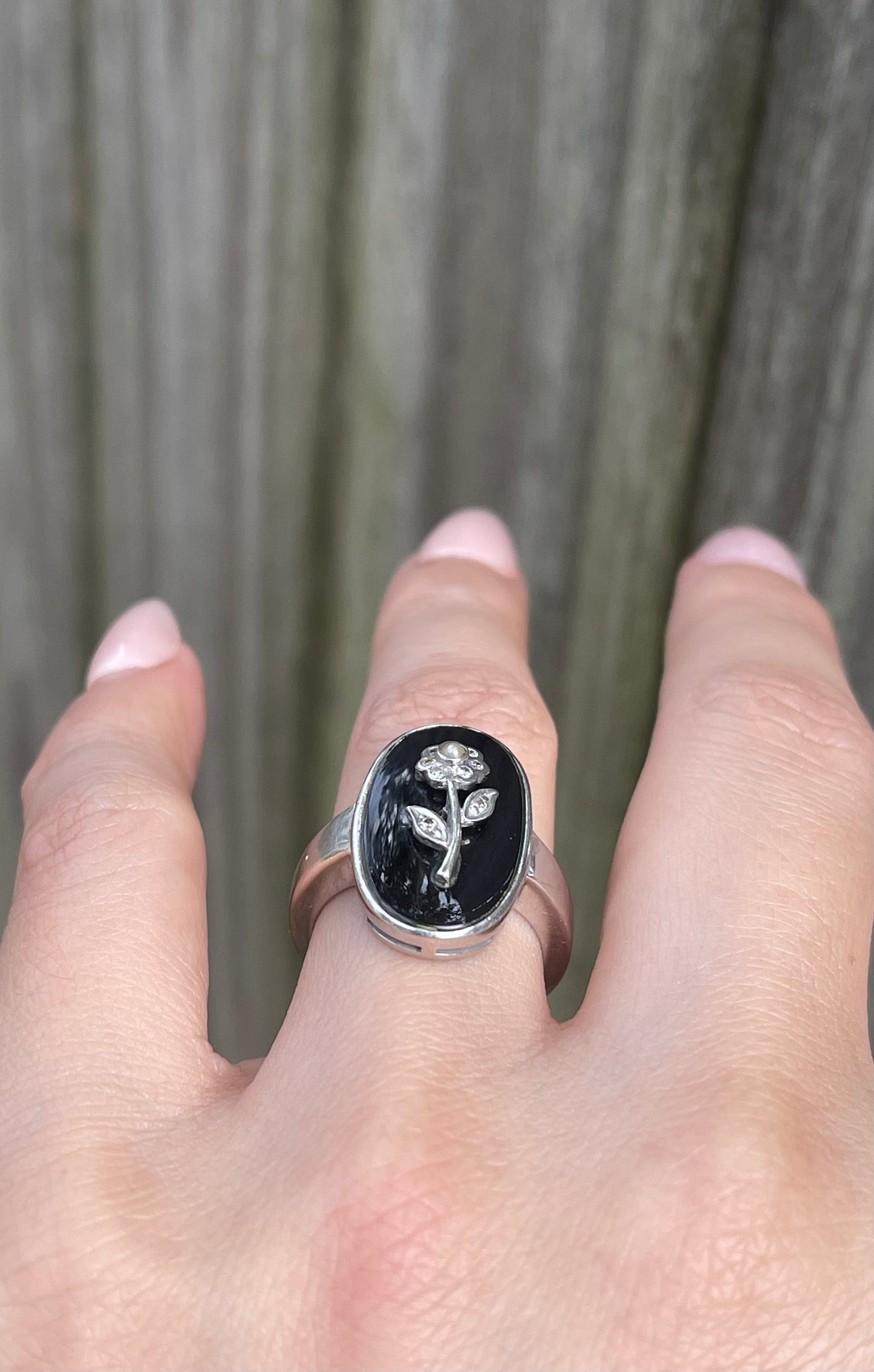 Eternal Bloom – Floral Diamond, Seed Pearl & Black Onyx Ring in 14ct White Gold