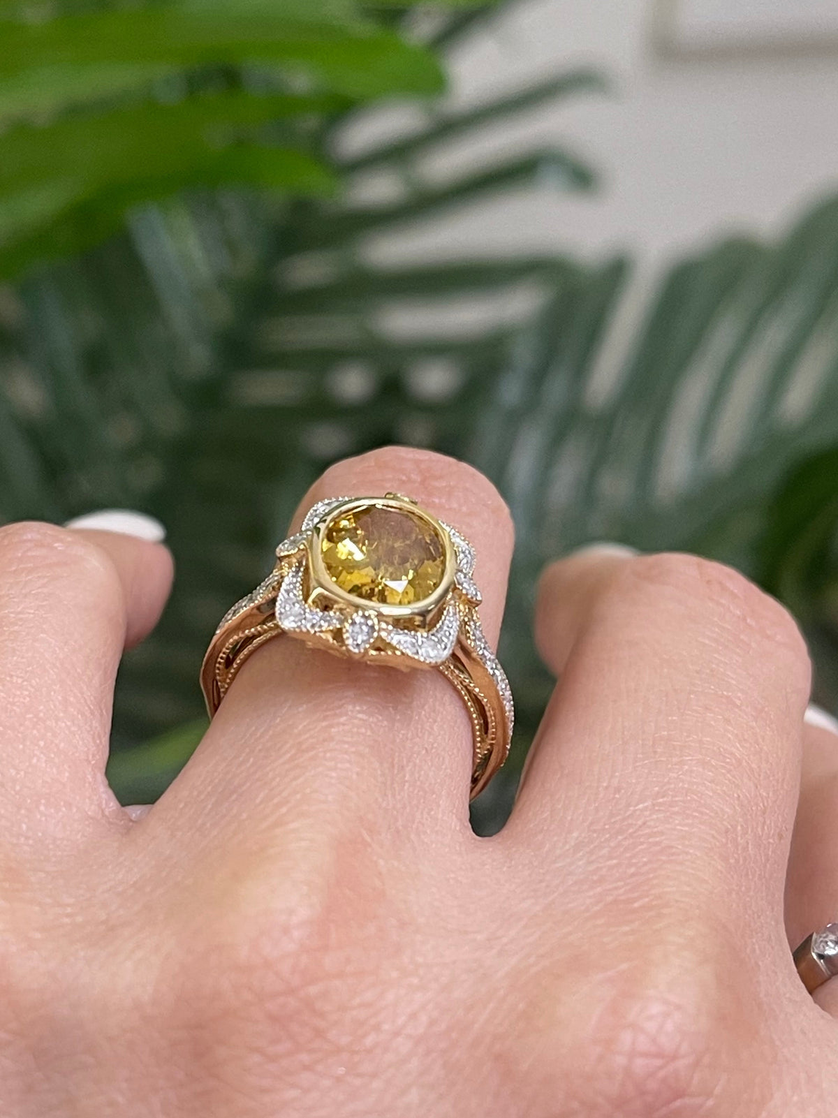 Art Deco Style Natural Heliodor Diamond Ring In 14ct Yellow Gold
