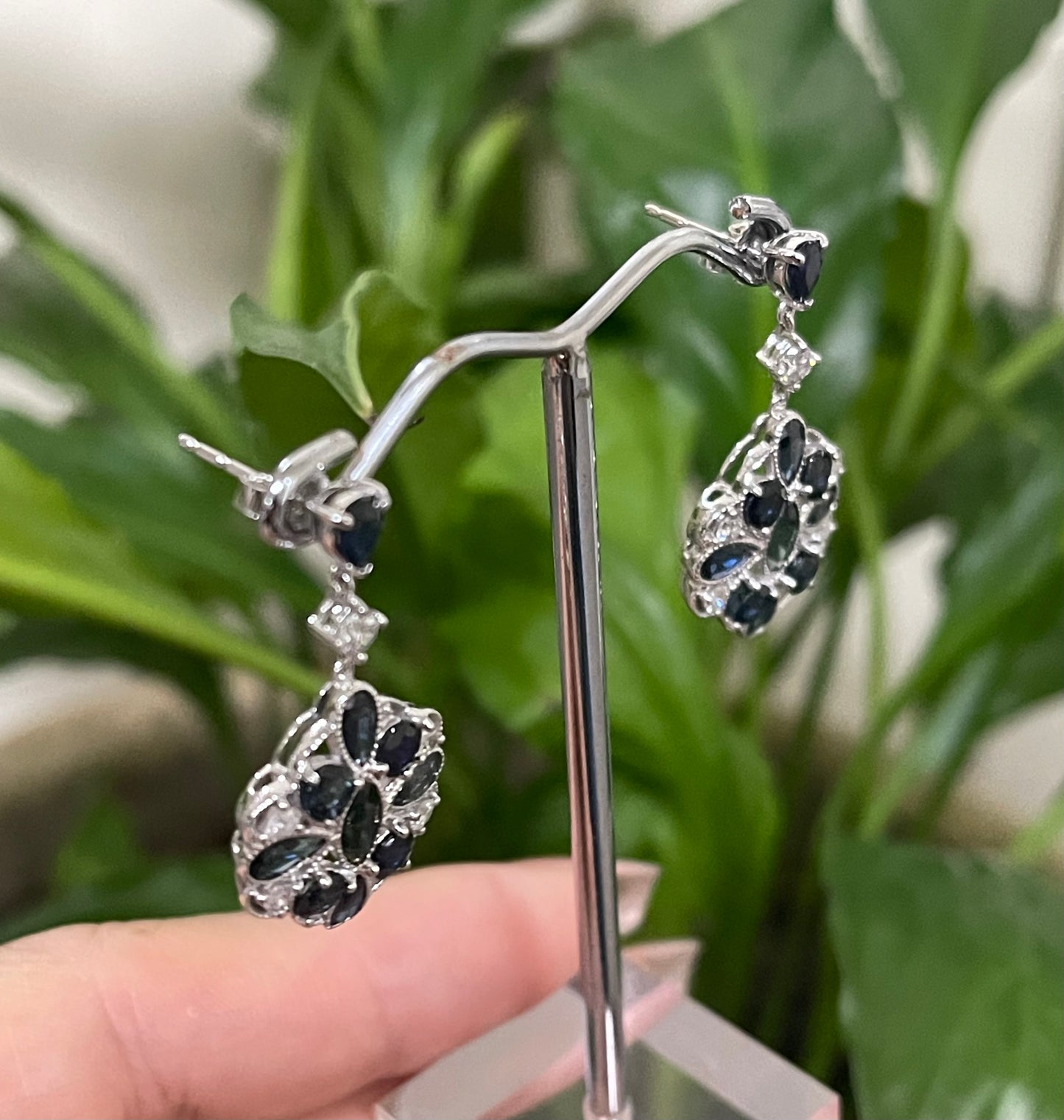 Art Deco Style 4.07ct Natural Sapphire & Diamond Drop Earrings In 14ct White Gold