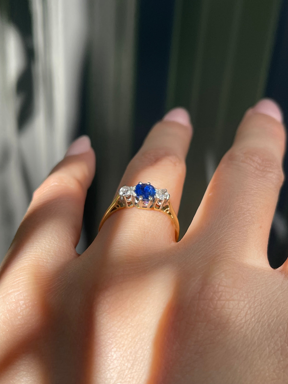 Antique Natural Ceylon Sapphire Old Cut Diamond Trilogy Ring In 18ct Yellow Gold & Platinum
