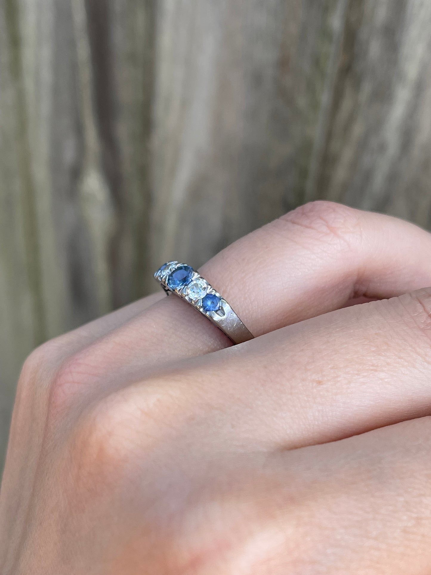 Vintage Natural Ceylon Sapphire Diamond 5 Stone Ring In 18ct White Gold