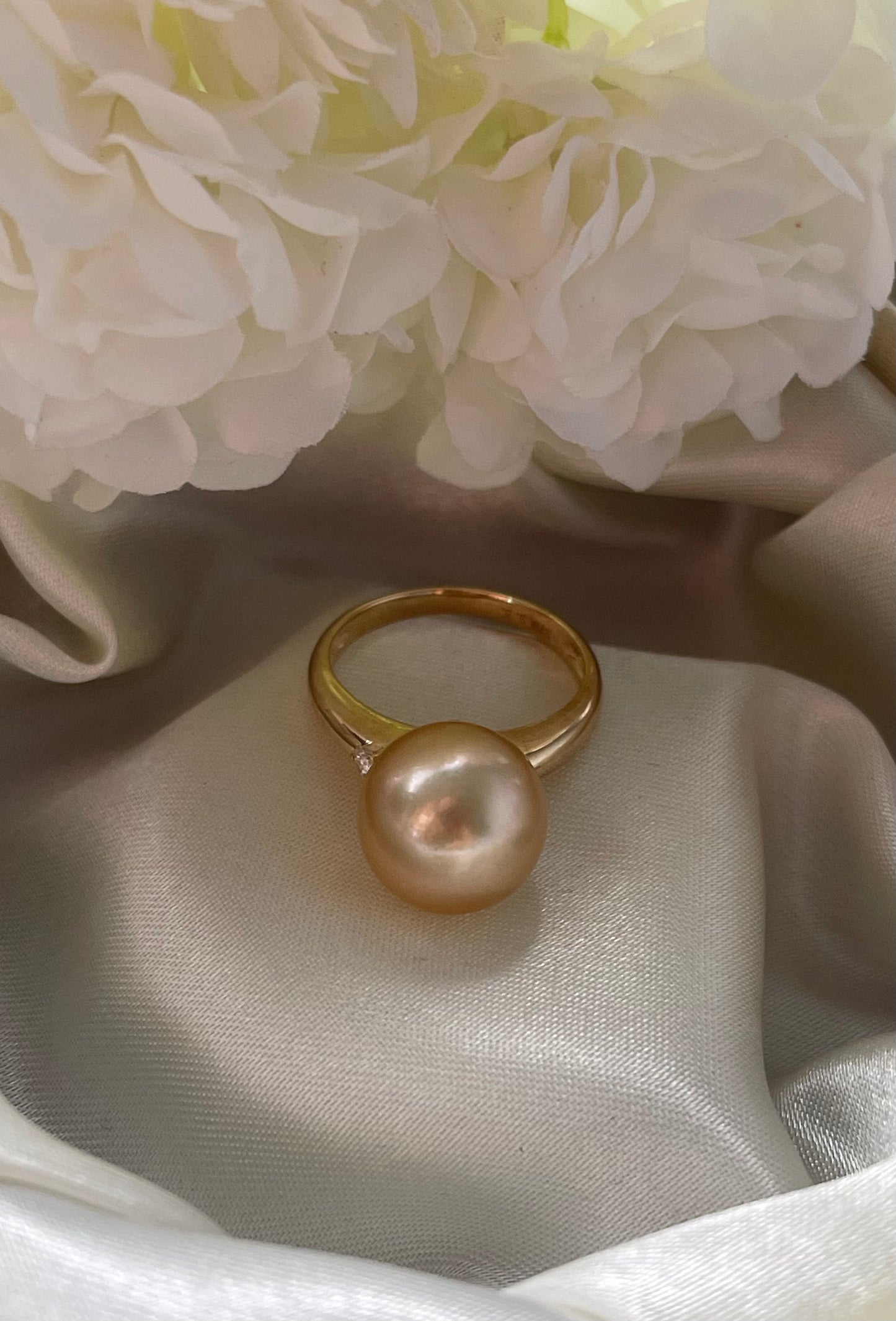 Golden South Sea Pearl Ring With Diamond In 9ct Yellow Gold