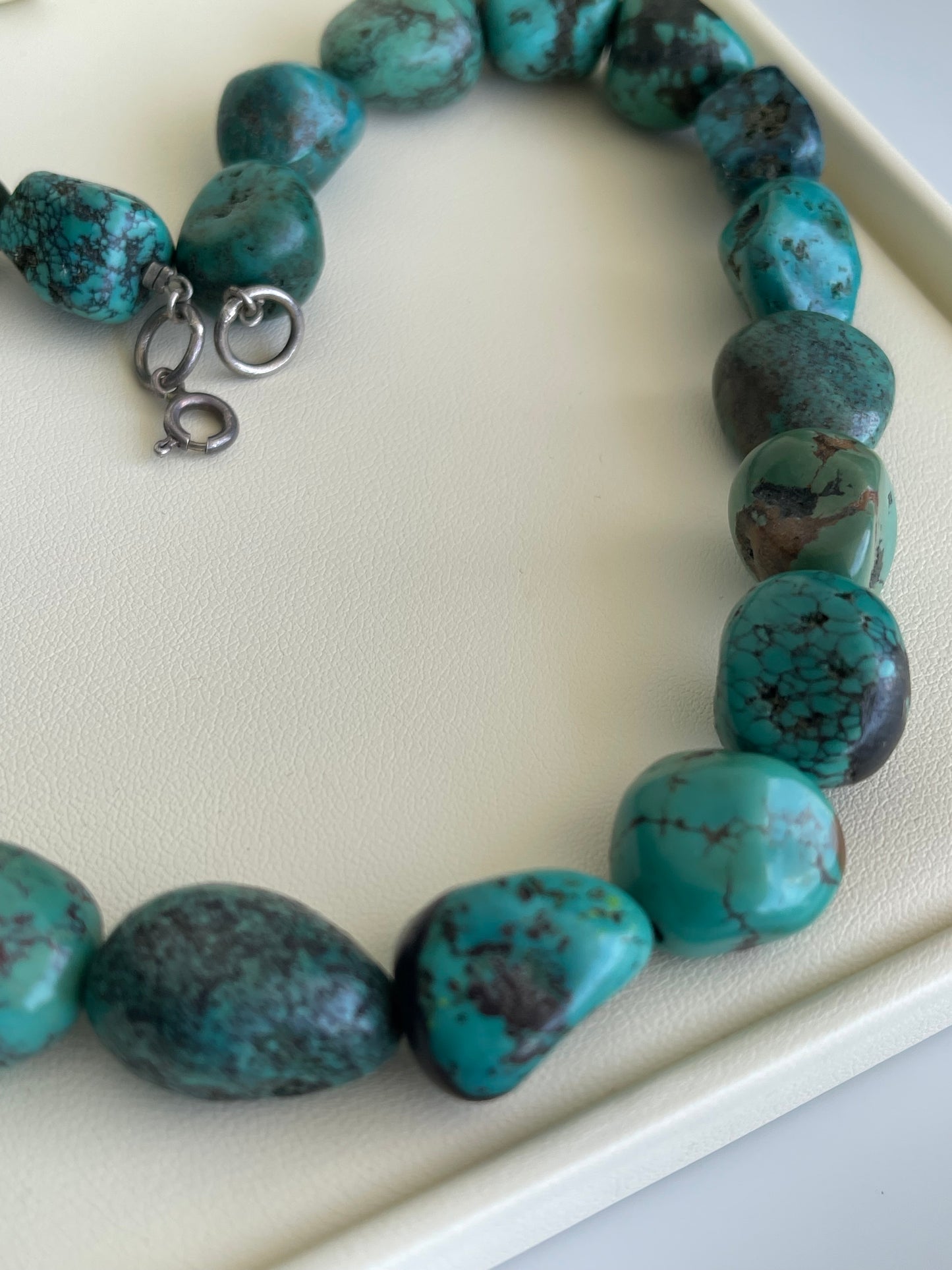 Vintage all natural large turquoise bead necklace With 925 Sterling Silver Clasp