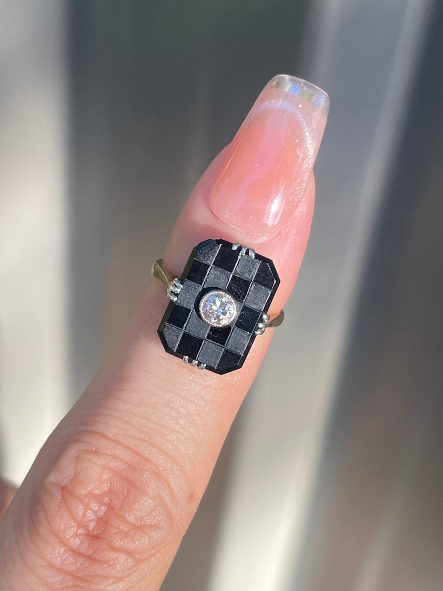 Antique Art Deco Checkerboard Cut Onyx Diamond Ring In 18ct Yellow Gold