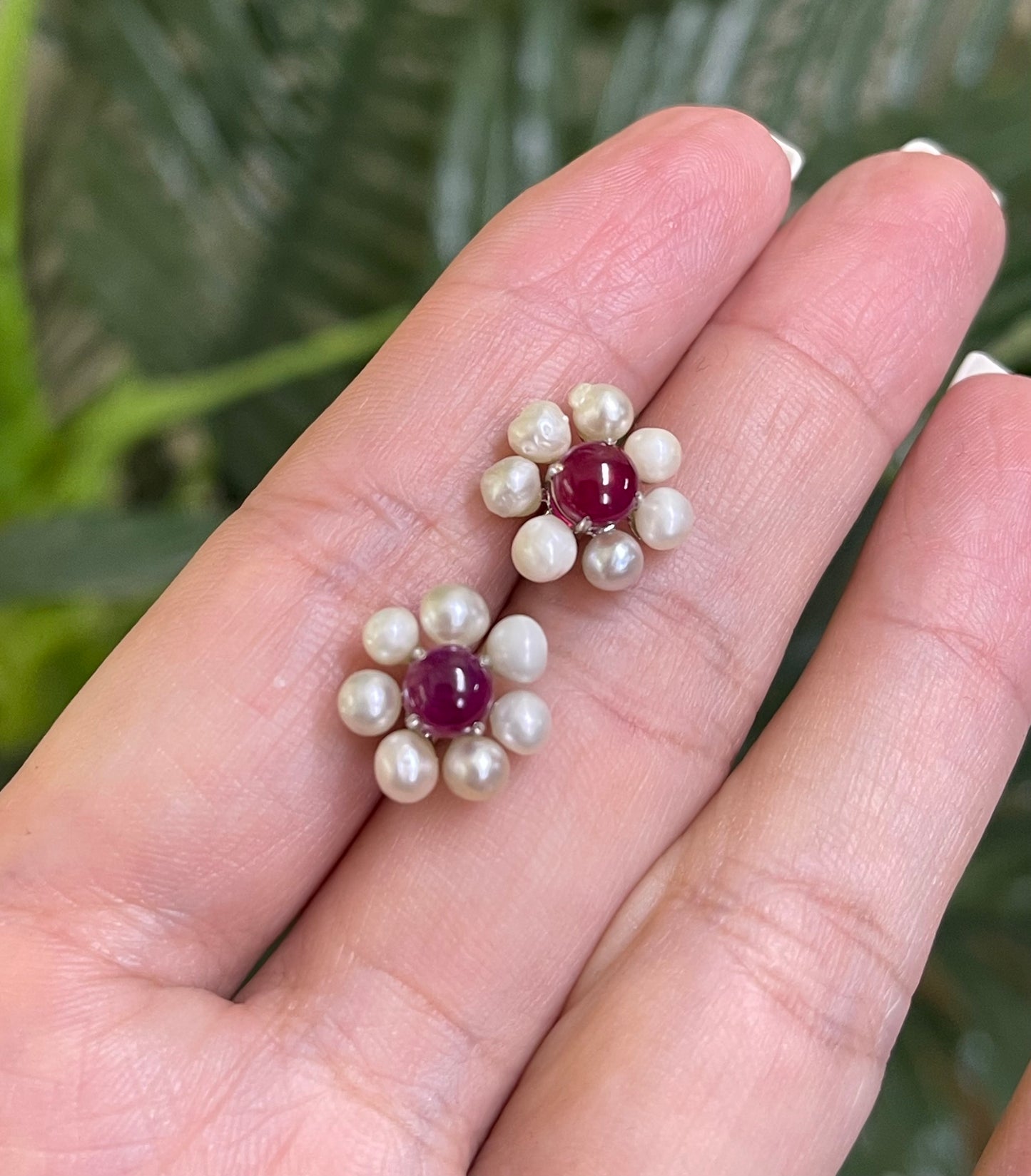 Natural Ruby & Natural Pearl Flower Earrings In 14ct White Gold