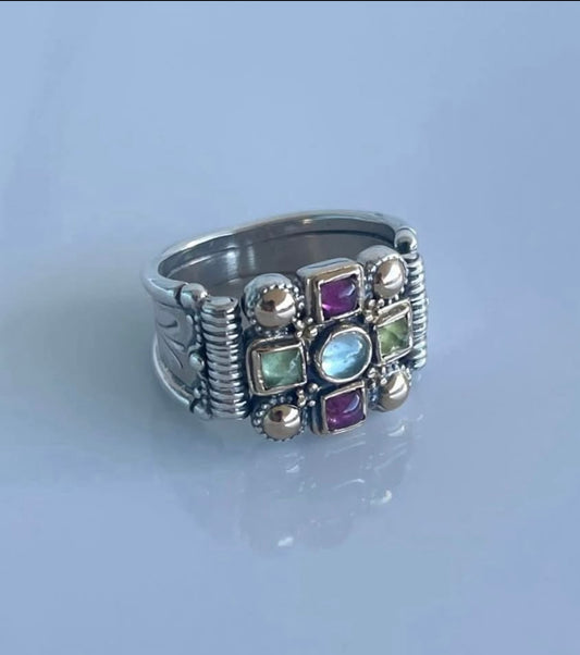 18ct yellow gold & sterling silver aquamarine & tourmaline wide band