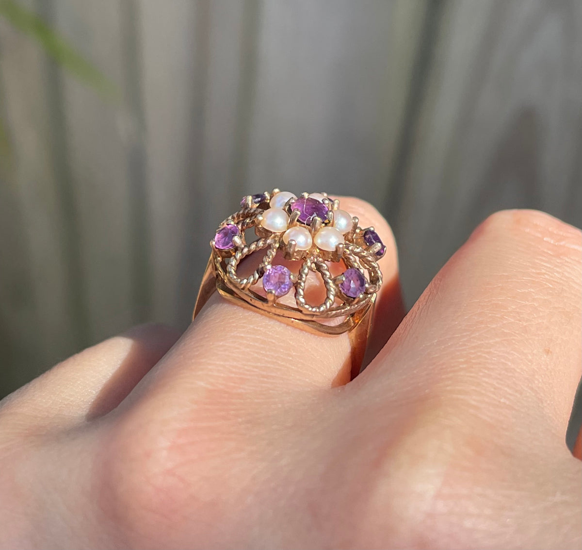 Vintage London 1973 natural purple amethyst seed pearl flower ring in 9ct rose gold