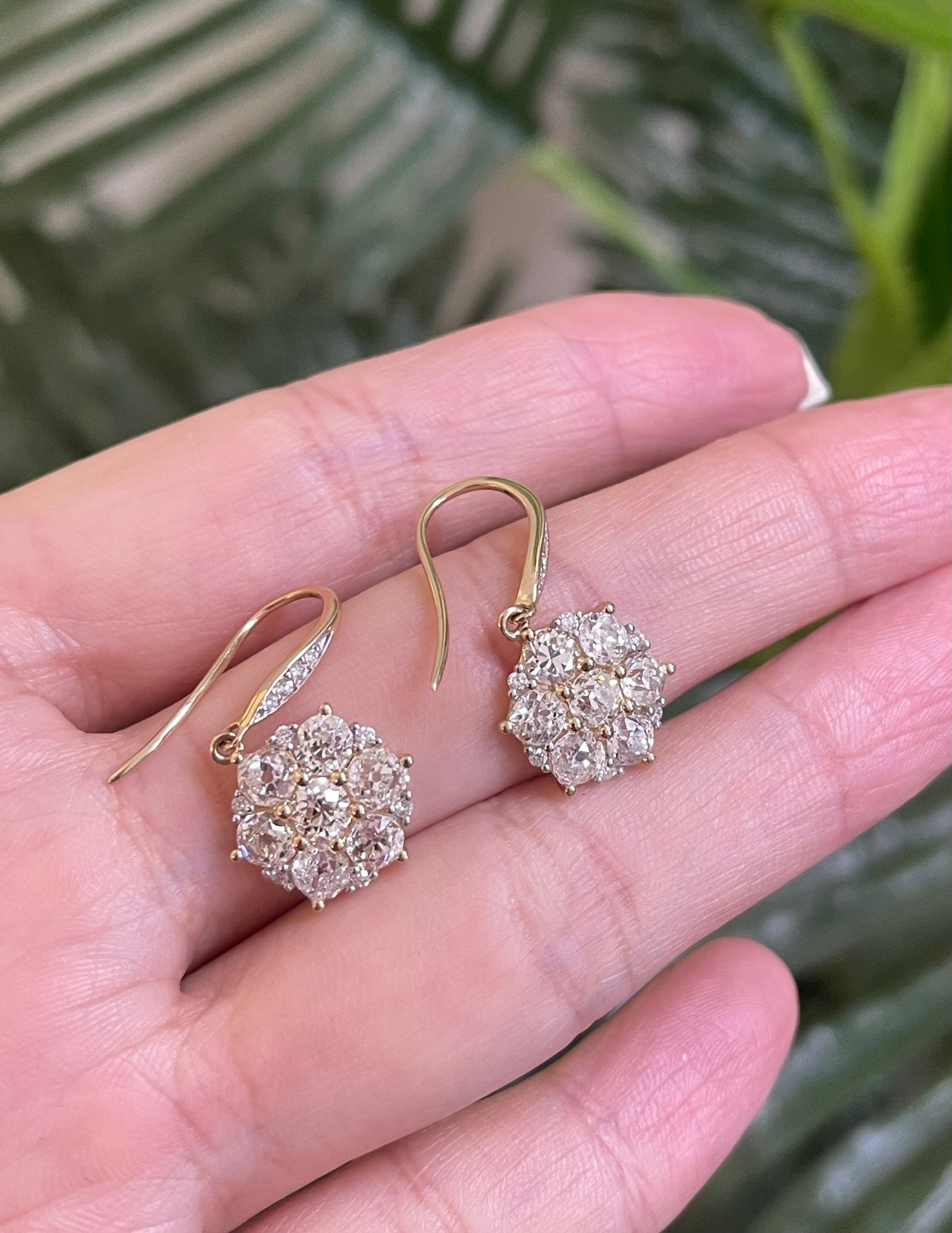 3.79ct Natural Old Mine Cut Diamond Earrings In 14ct Yellow Gold